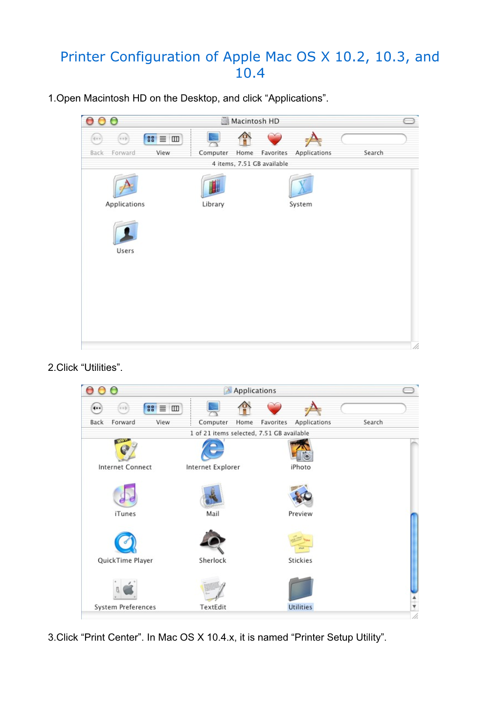 Printer Configuration of Apple Mac OS X 10.2, 10.3, and 10.4