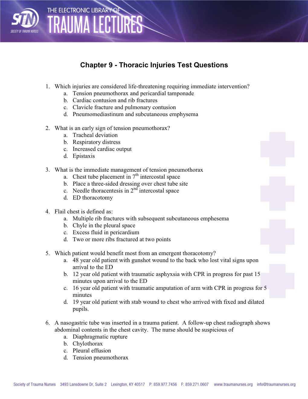 Chapter 9 - Thoracic Injuries Test Questions