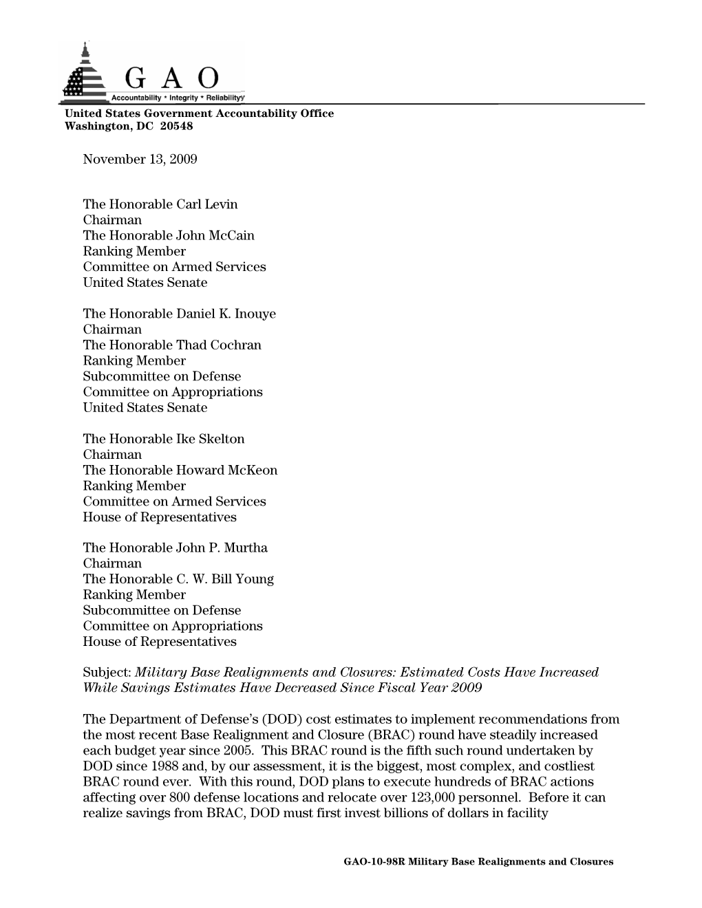 GAO-10-98R Military Base Realignments and Closures Construction, Renovation, and Other Up-Front Expenses