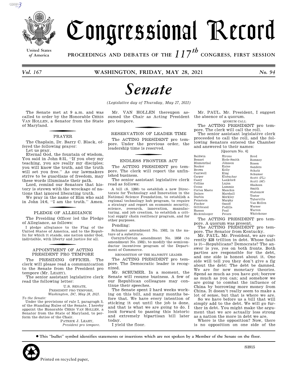 Congressional Record United States Th of America PROCEEDINGS and DEBATES of the 117 CONGRESS, FIRST SESSION