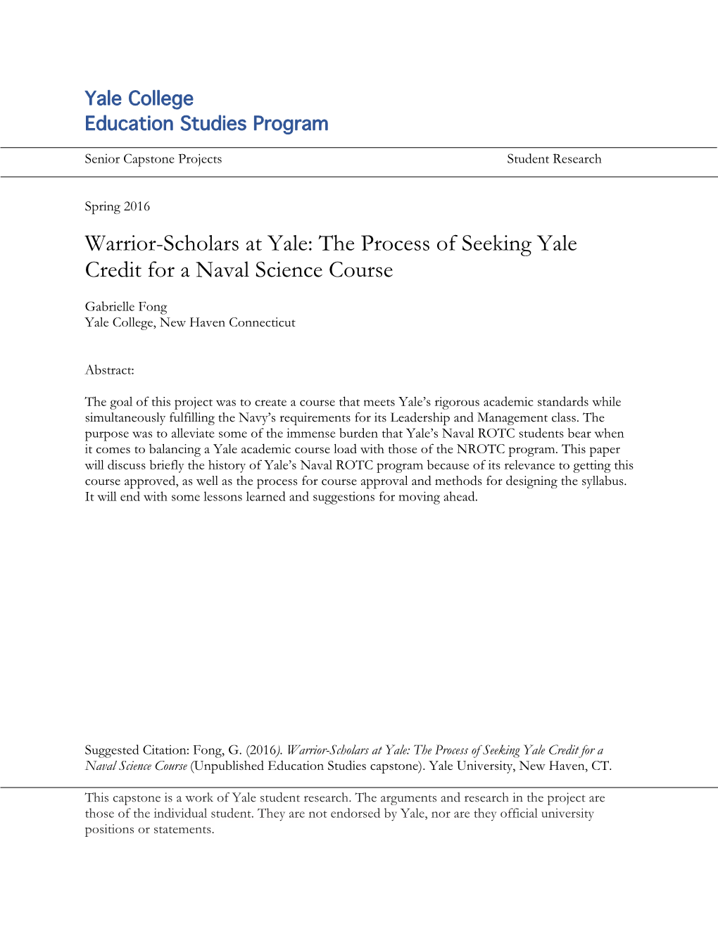 Warrior-Scholars at Yale: the Process of Seeking Yale Credit for a Naval Science Course