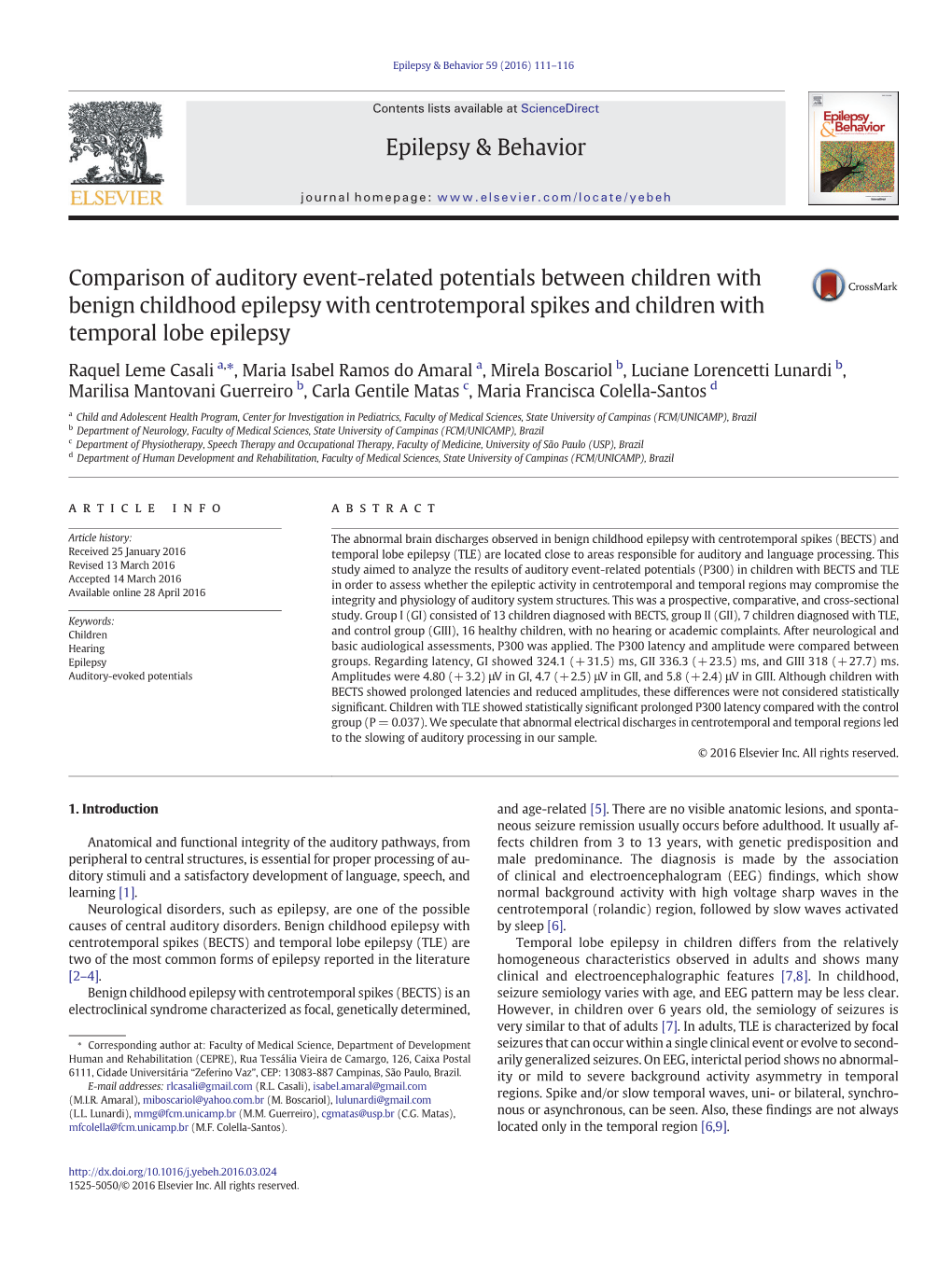 Comparison of Auditory Event-Related Potentials Between Children with Benign Childhood Epilepsy with Centrotemporal Spikes and Children with Temporal Lobe Epilepsy