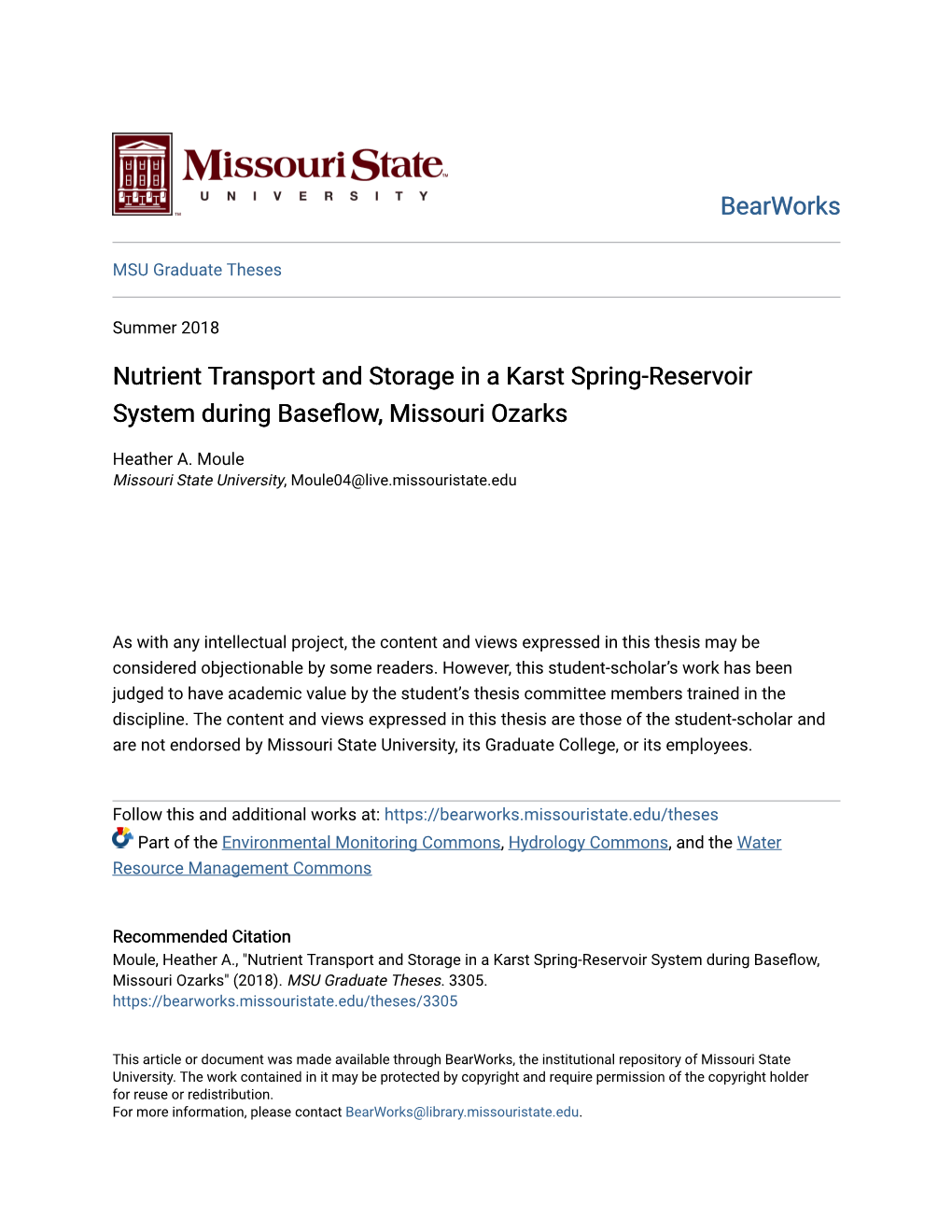 Nutrient Transport and Storage in a Karst Spring-Reservoir System During Baseflow, Missouri Ozarks