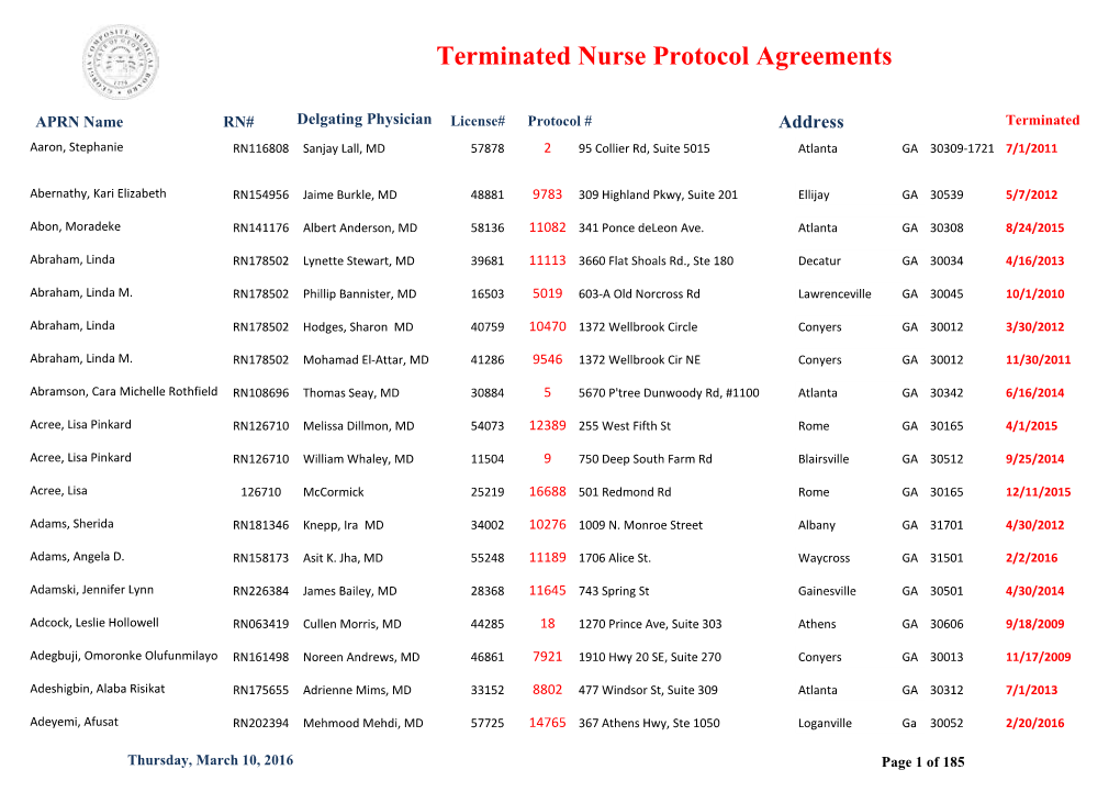 Terminated Nurse Protocol Agreements