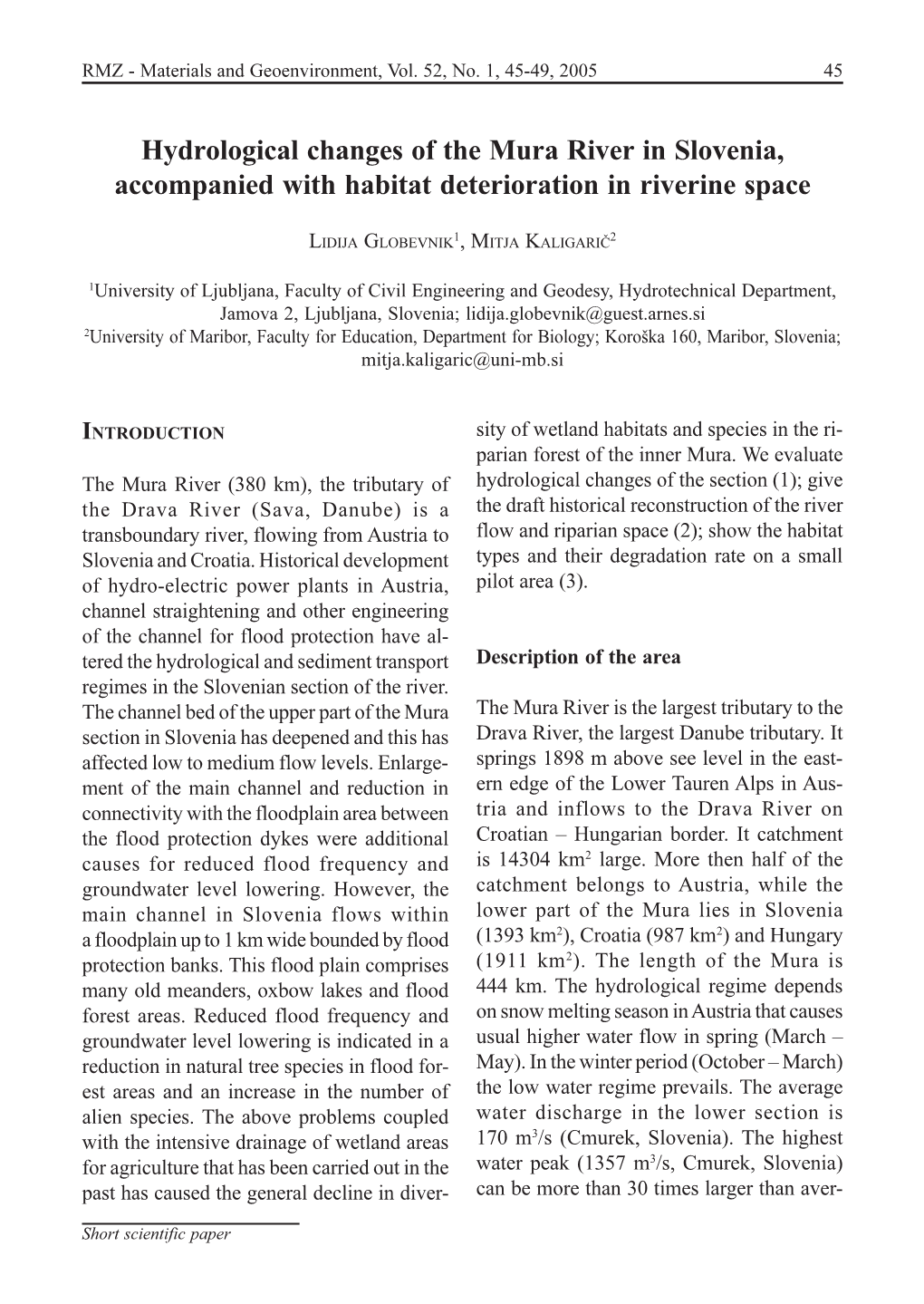 Hydrological Changes of the Mura River in Slovenia, Accompanied with Habitat Deterioration in Riverine Space