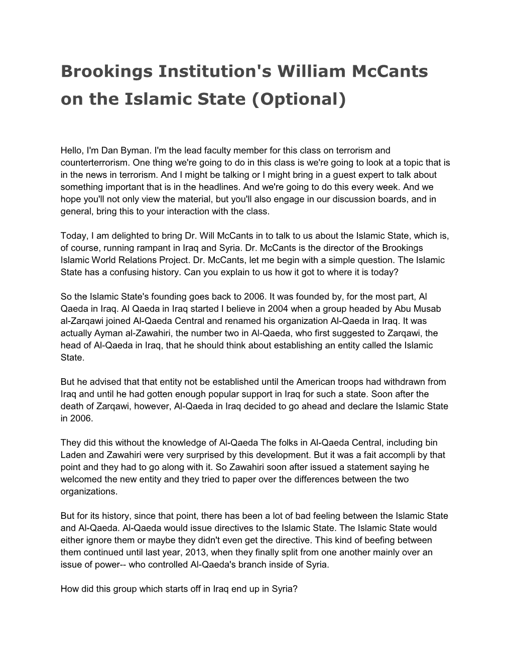 Brookings Institution's William Mccants on the Islamic State (Optional)