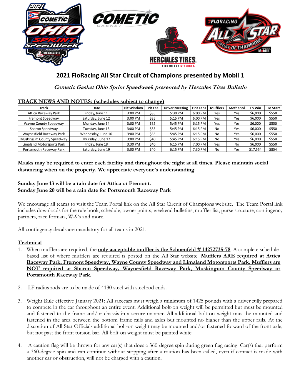 2021 Floracing All Star Circuit of Champions Presented by Mobil 1 Cometic Gasket Ohio Sprint Speedweek Presented by Hercules Tires Bulletin