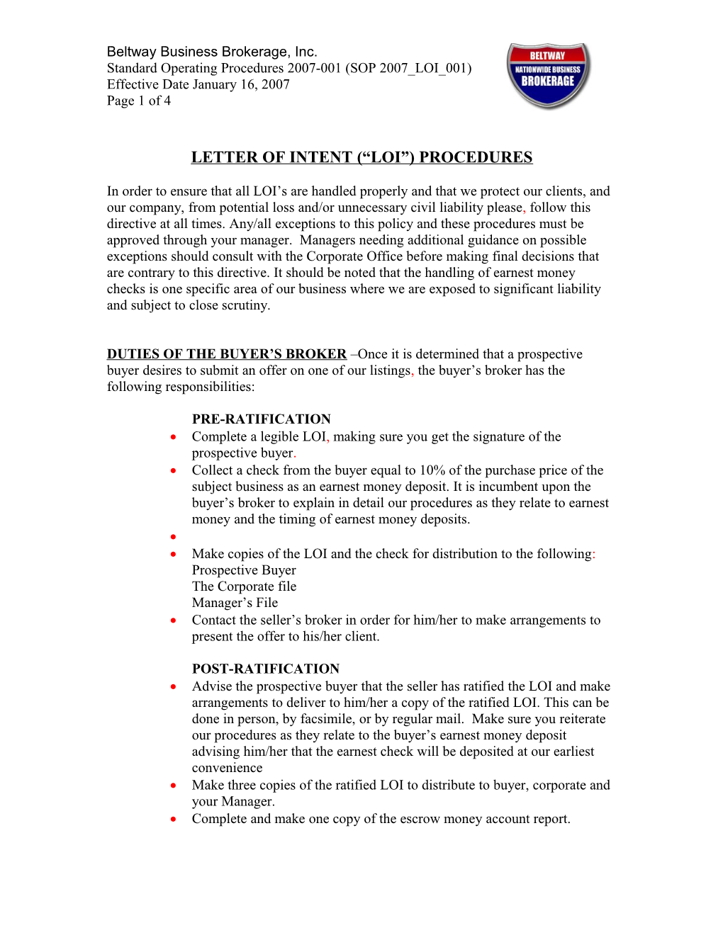 Letter of Intent ( Loi ) Procedures All Brokers