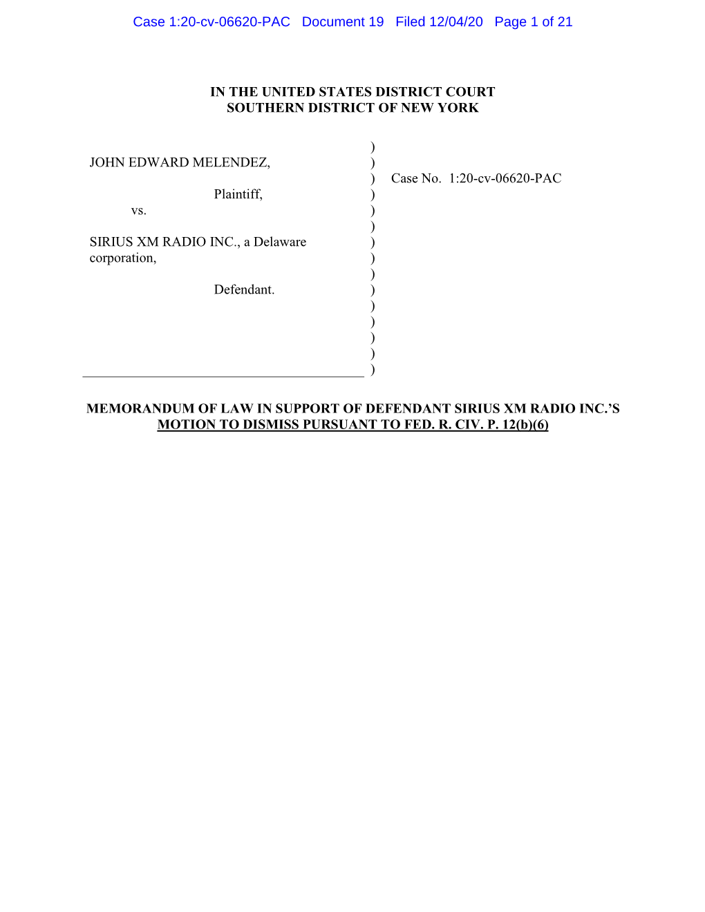 2020-12-04 Sirius XM Memorandum ISO Motion to Dismiss