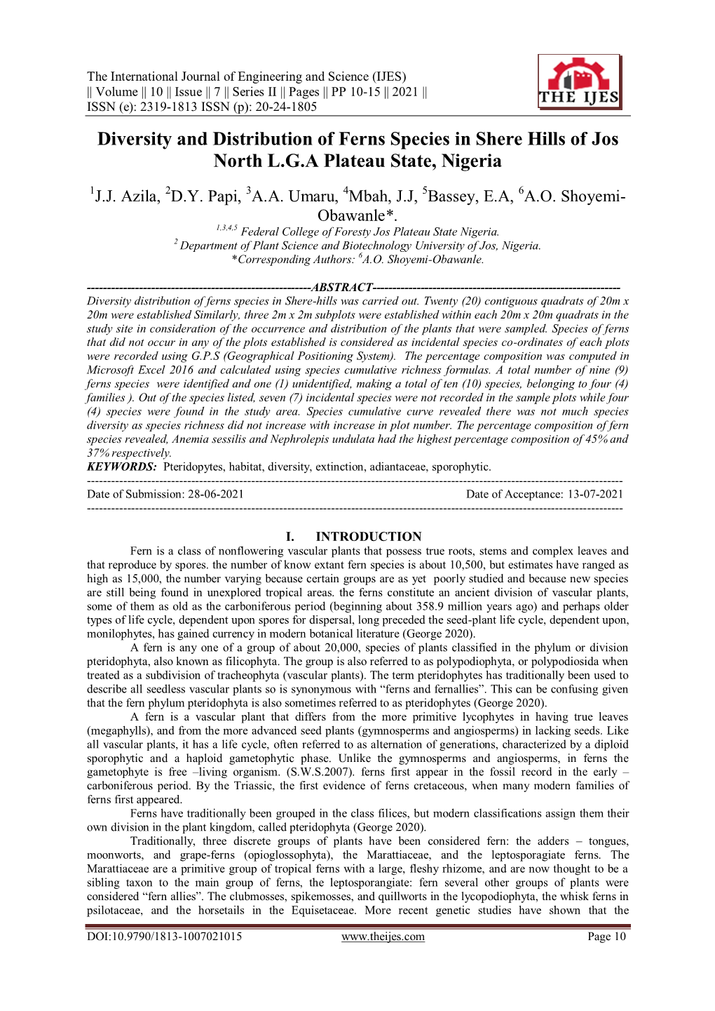 Diversity and Distribution of Ferns Species in Shere Hills of Jos North L.G.A Plateau State, Nigeria