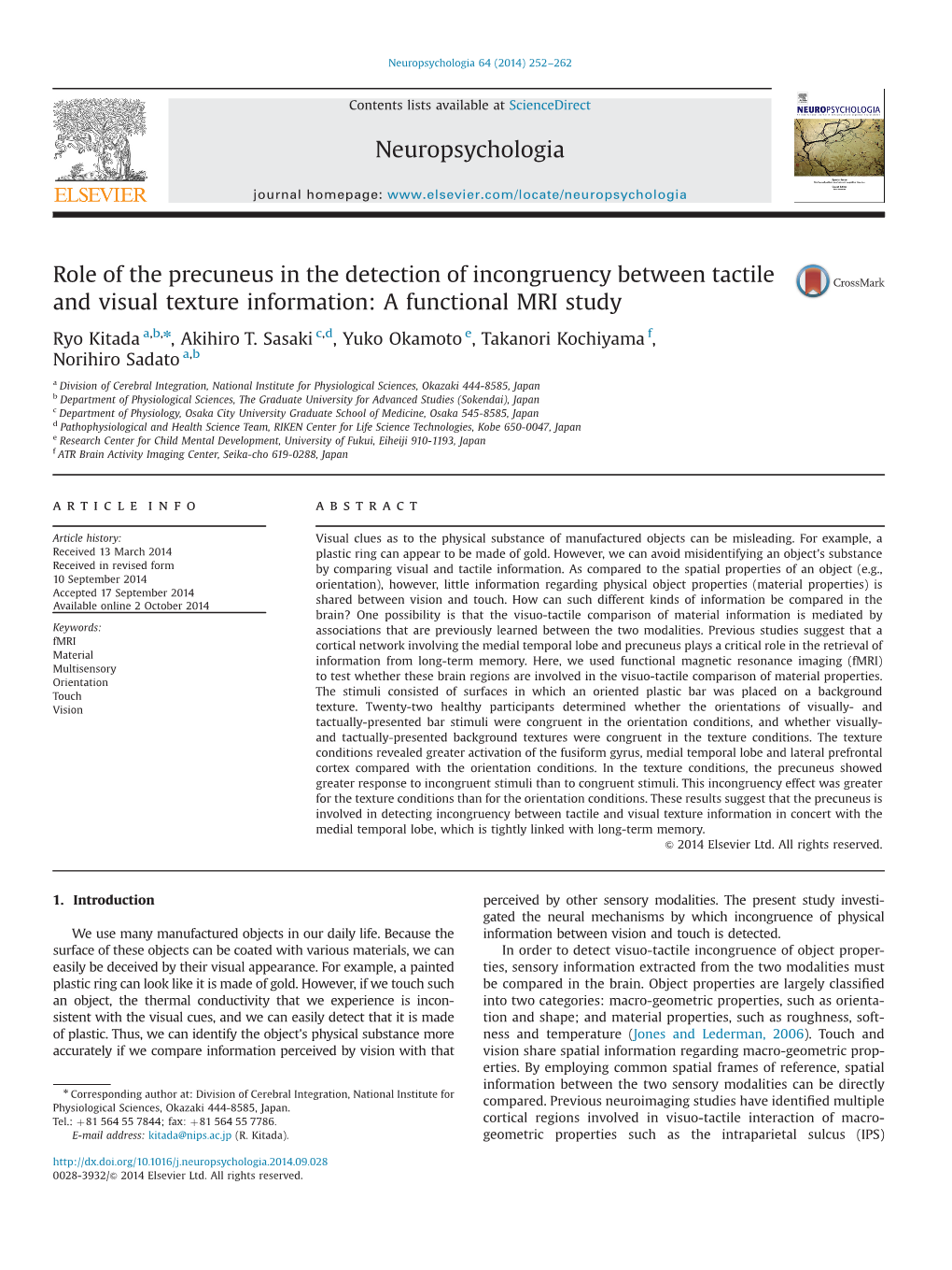 Role of the Precuneus in the Detection of Incongruency Between Tactile and Visual Texture Information: a Functional MRI Study