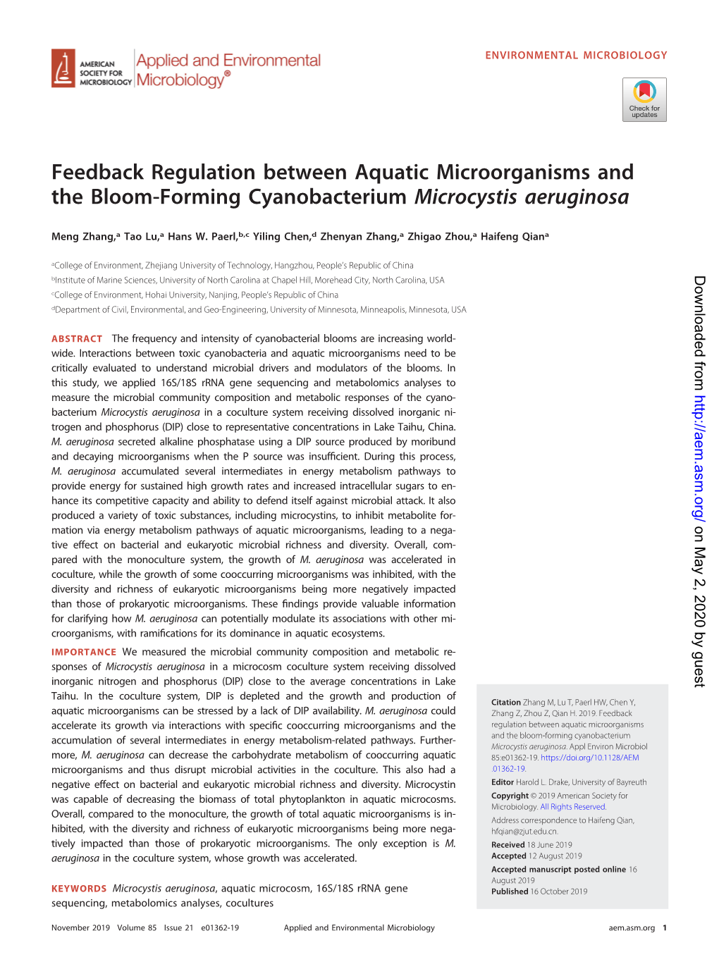 Feedback Regulation Between Aquatic Microorganisms and the Bloom-Forming Cyanobacterium Microcystis Aeruginosa