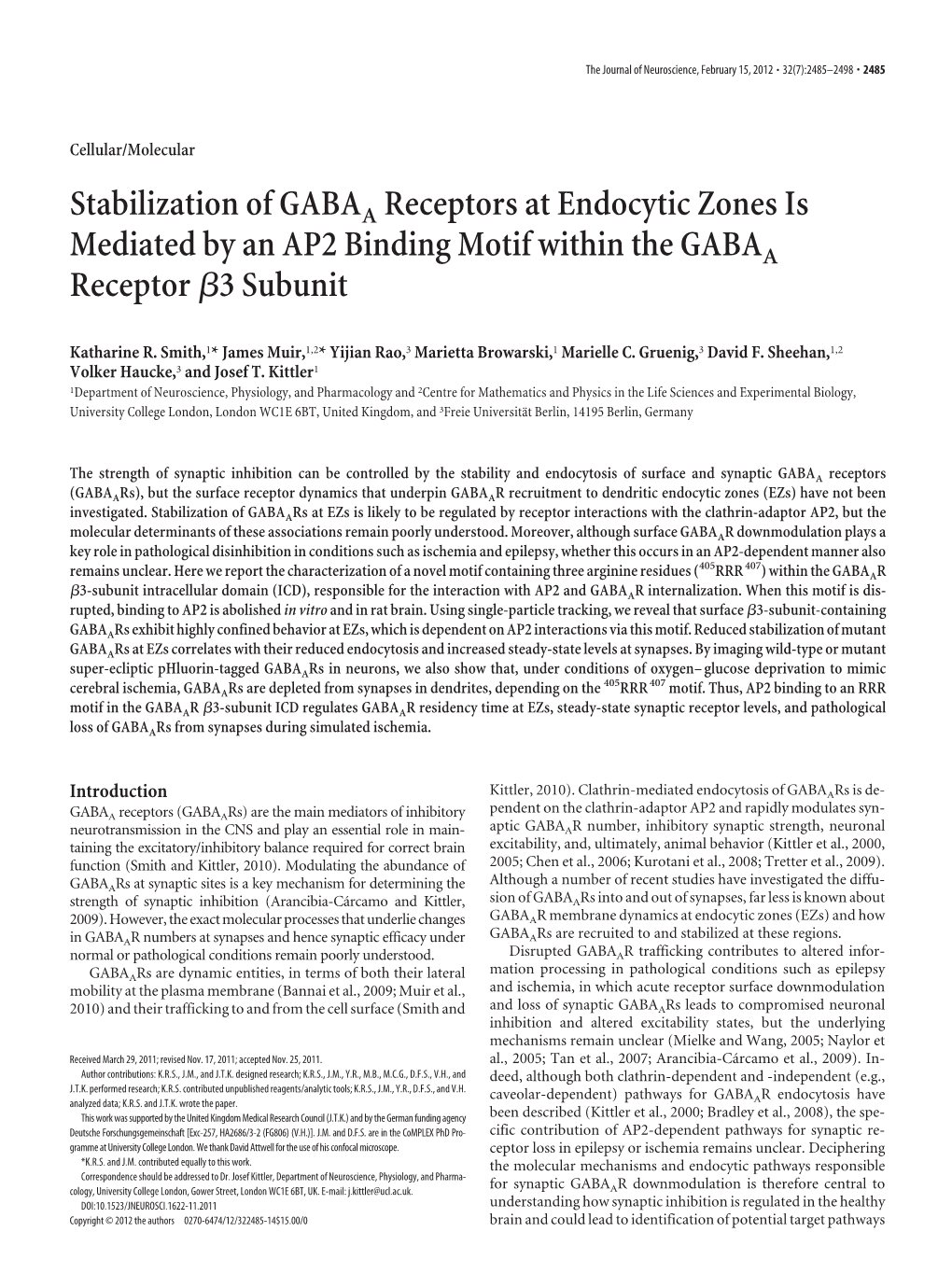 Stabilization of GABAA Receptors at Endocytic Zones Is Mediated by an AP2 Binding Motif Within the GABAA Receptor ␤3 Subunit