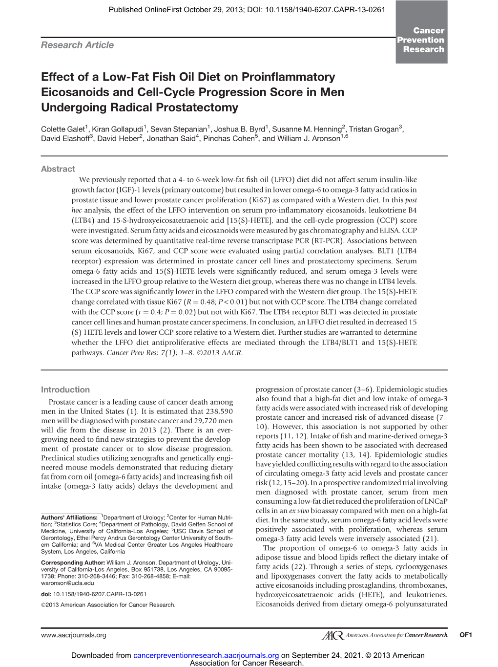 Effect of a Low-Fat Fish Oil Diet on Proinflammatory Eicosanoids and Cell-Cycle Progression Score in Men Undergoing Radical Prostatectomy