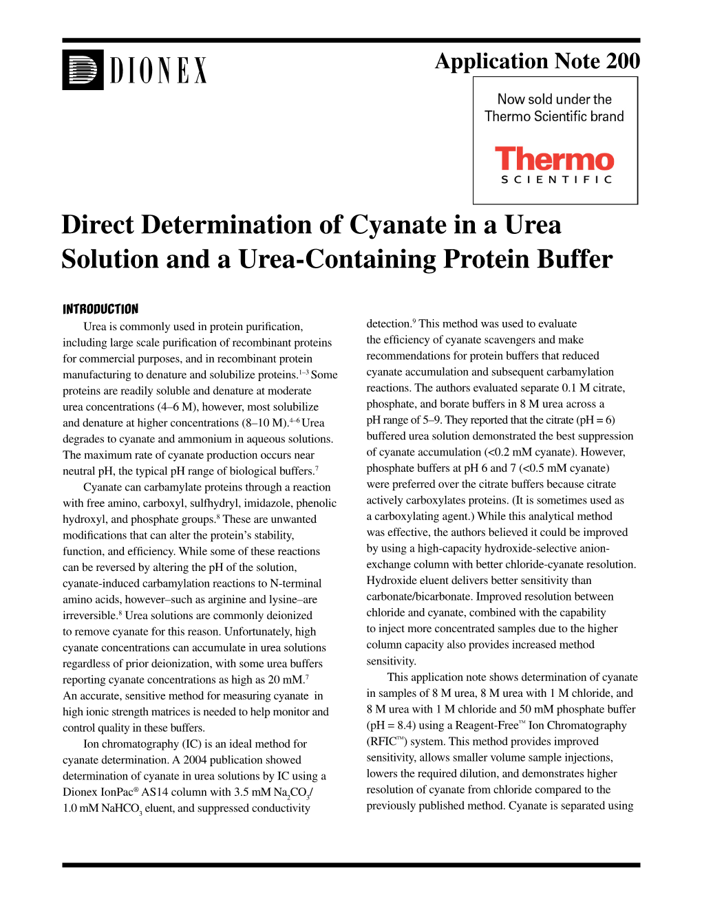 Direct Determination of Cyanate in a Urea Solution and a Urea-Containing Protein Buffer