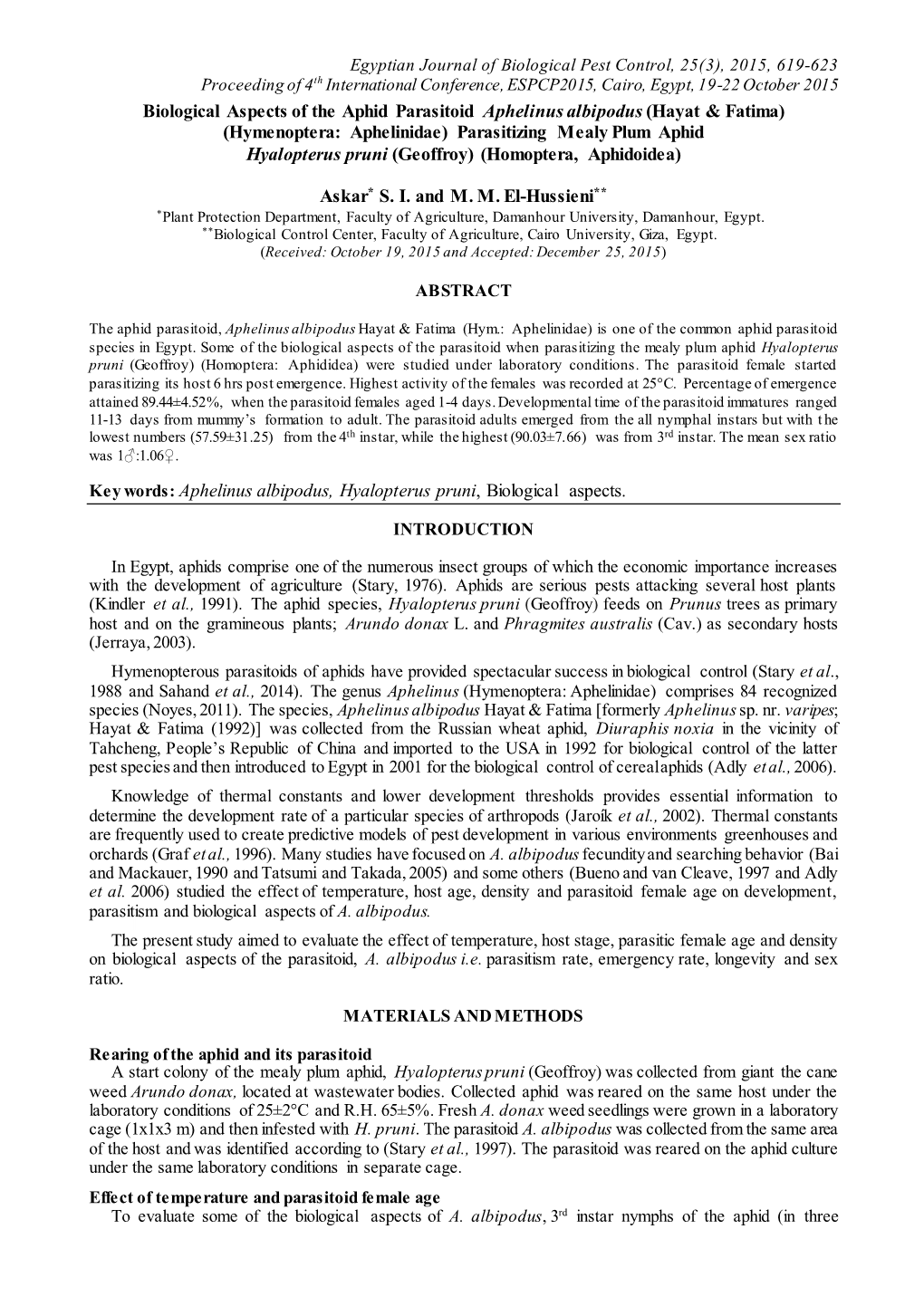 Biological Aspects of the Aphid Parasitoid Aphelinus Albipodus