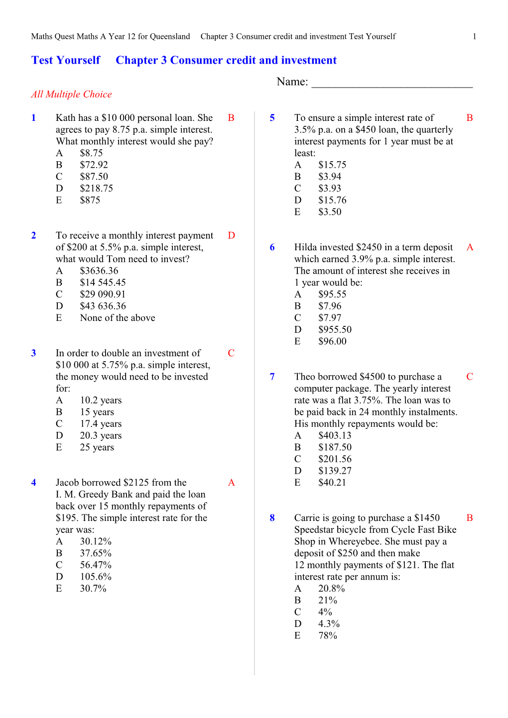 Test Yourself Chapter 3 Consumer Credit and Investment