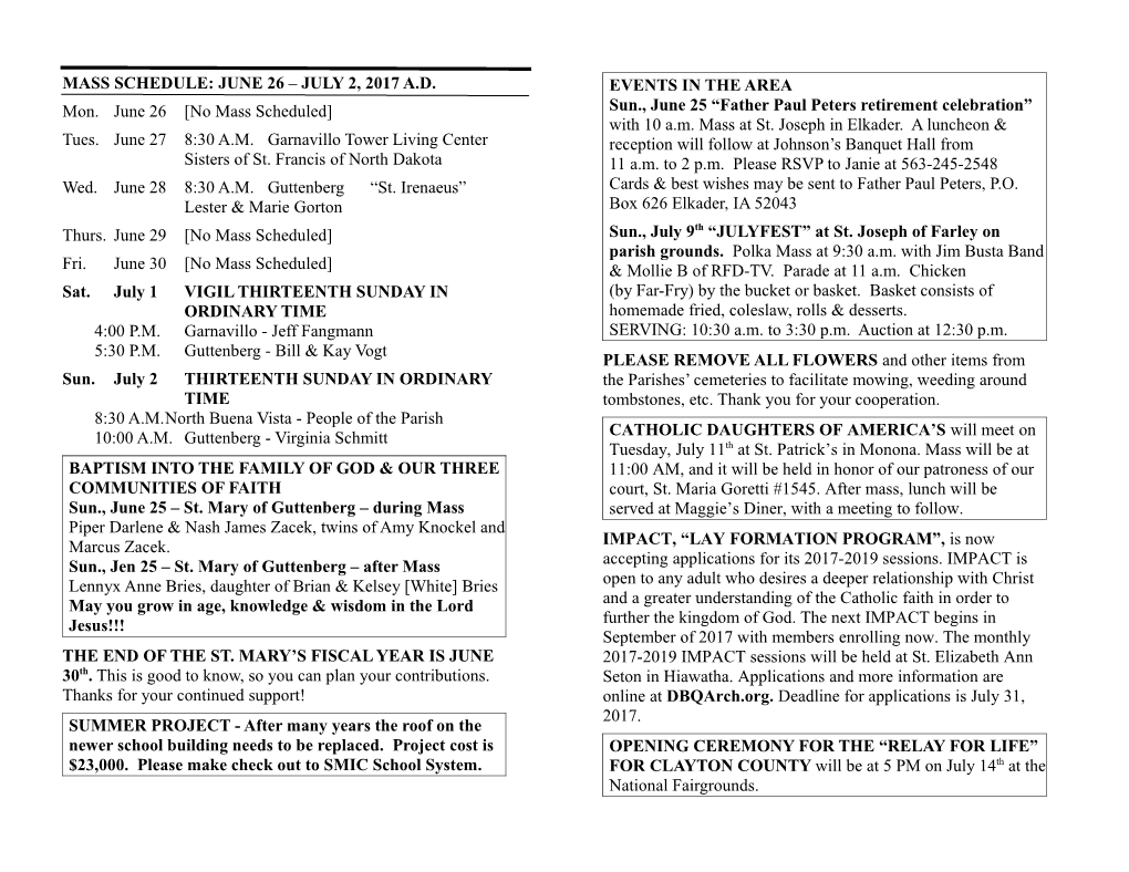 Mass Schedule for March 1 -7, 2010 A