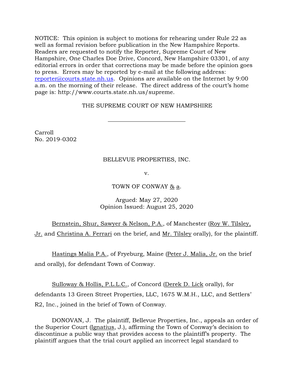 2019-0302, Bellevue Properties, Inc. V. Town of Conway & A