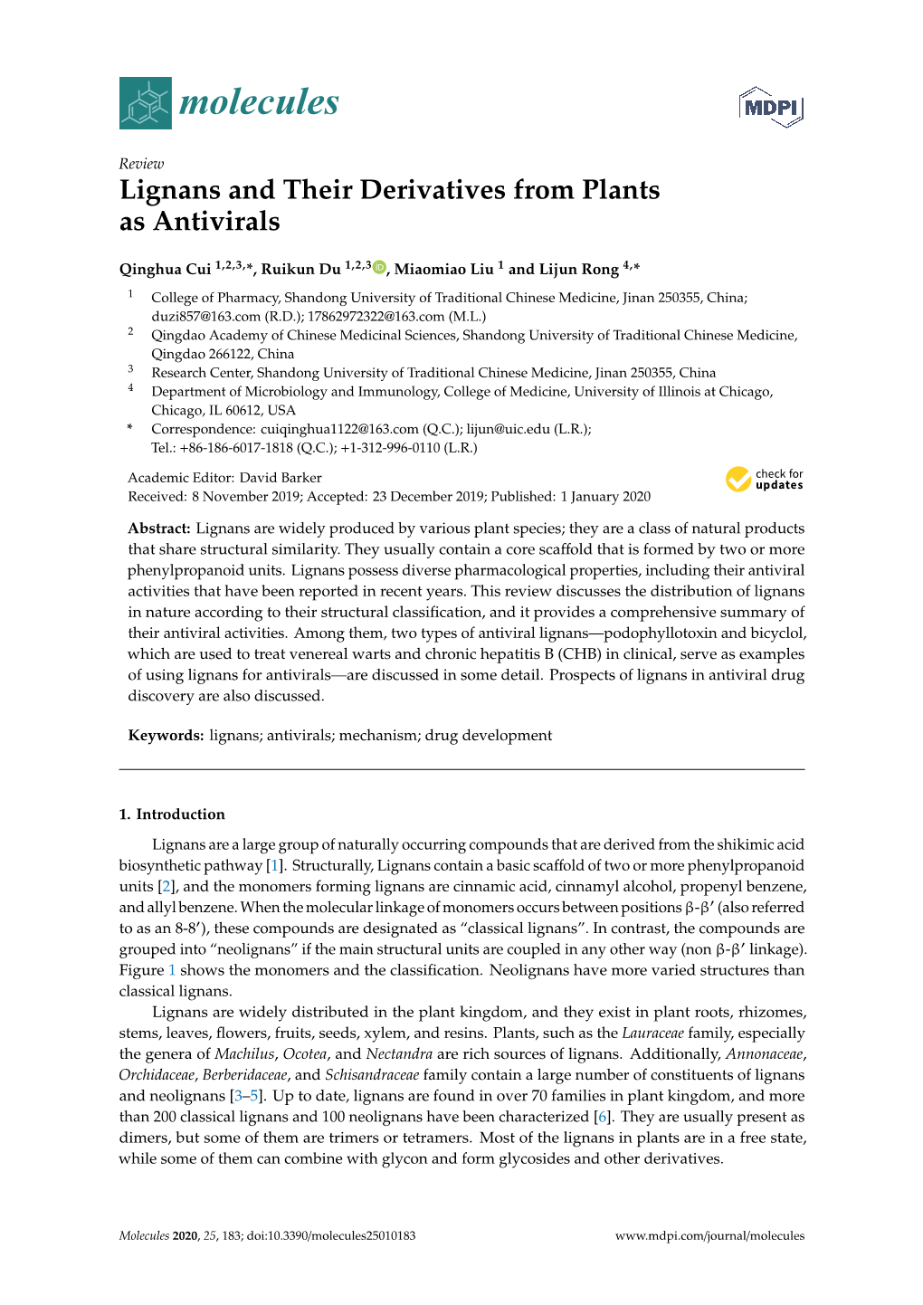 Lignans and Their Derivatives from Plants As Antivirals