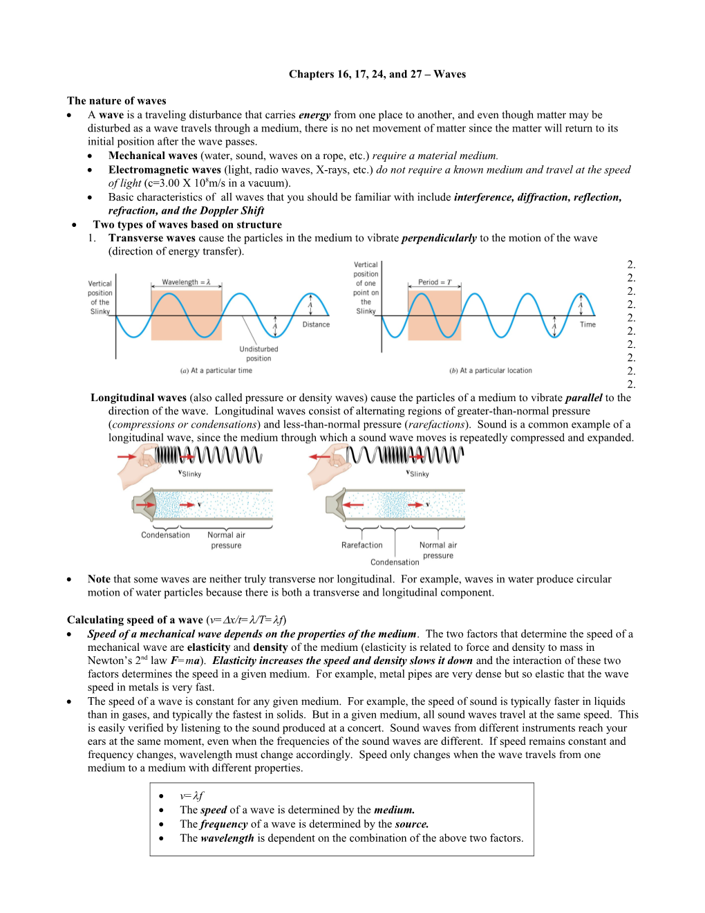 Chapters 16, 17, 24, and 27 Waves