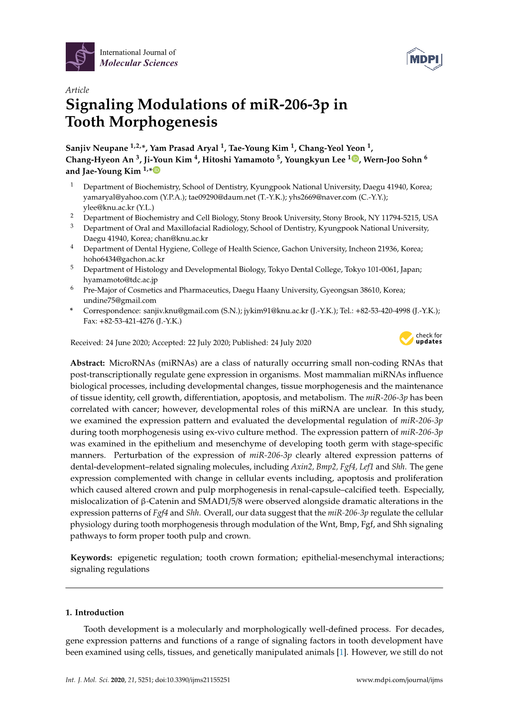 Signaling Modulations of Mir-206-3P in Tooth Morphogenesis