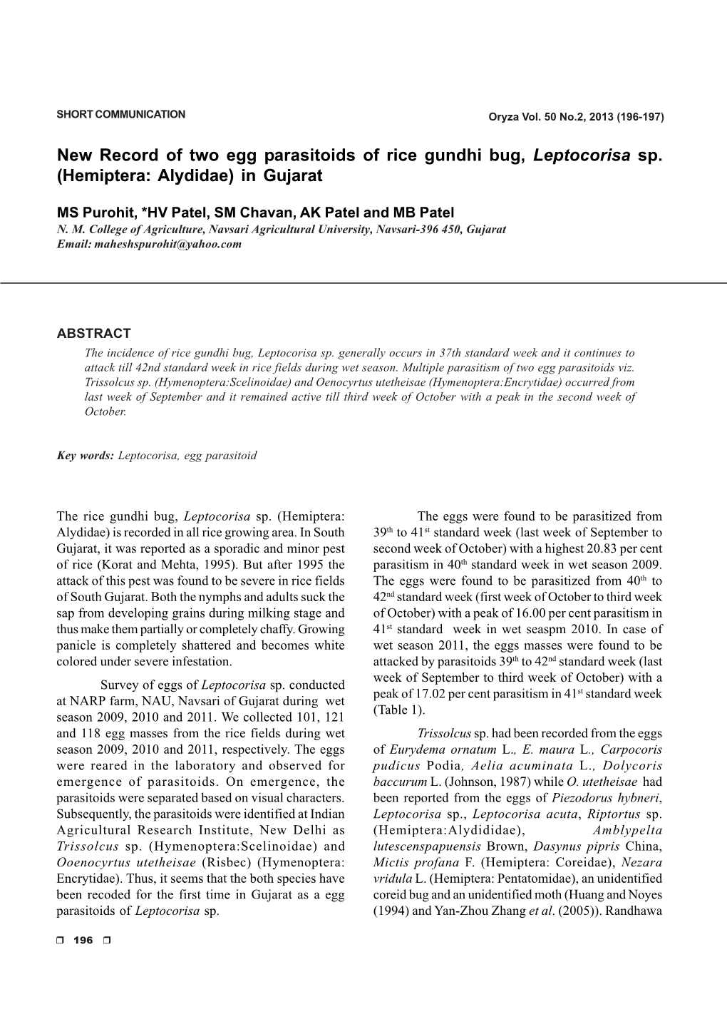 New Record of Two Egg Parasitoids of Rice Gundhi Bug, Leptocorisa Sp. (Hemiptera: Alydidae) in Gujarat