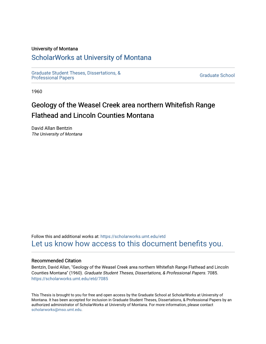 Geology of the Weasel Creek Area Northern Whitefish Range Flathead and Lincoln Counties Montana