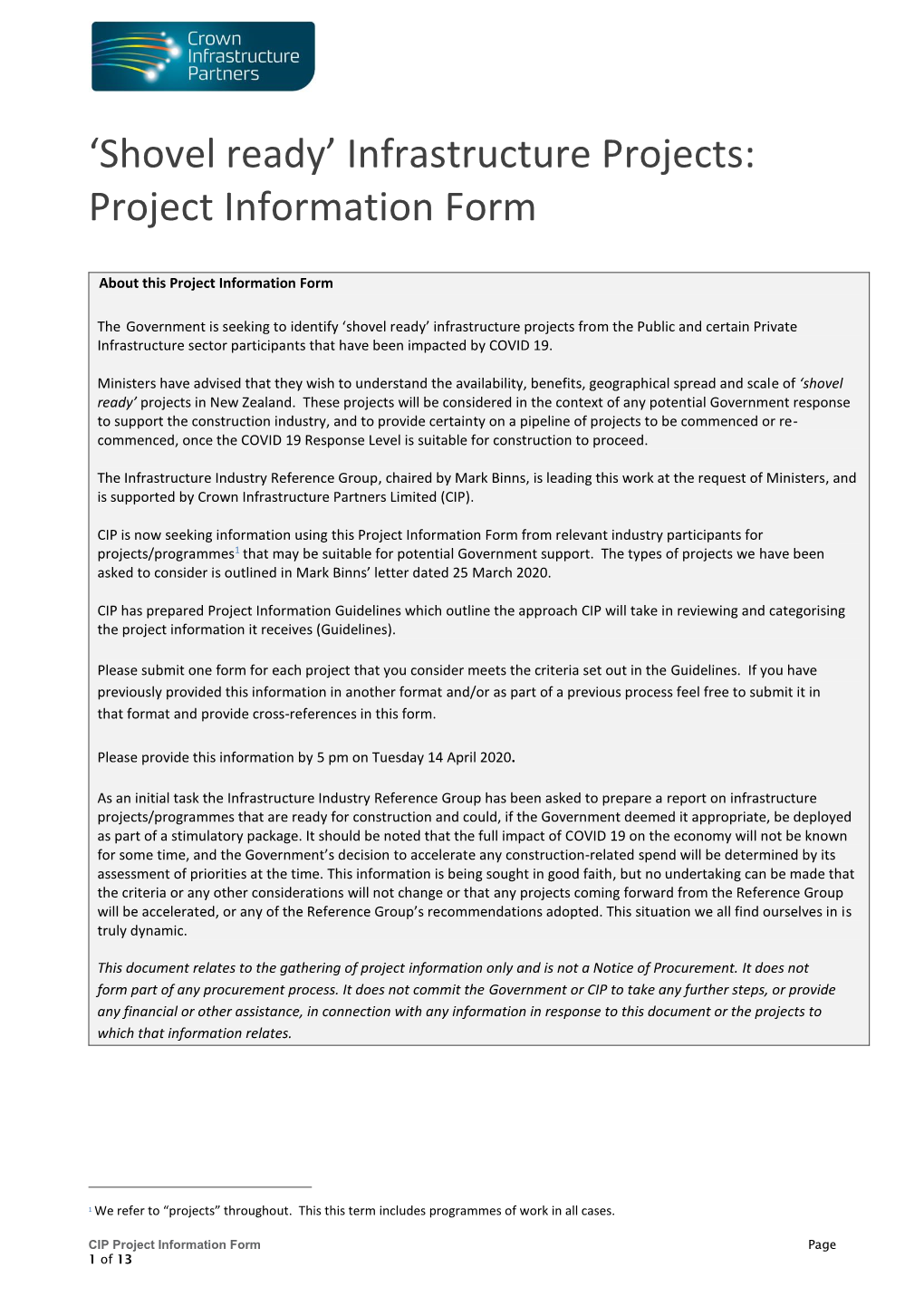'Shovel Ready' Infrastructure Projects: Project Information Form