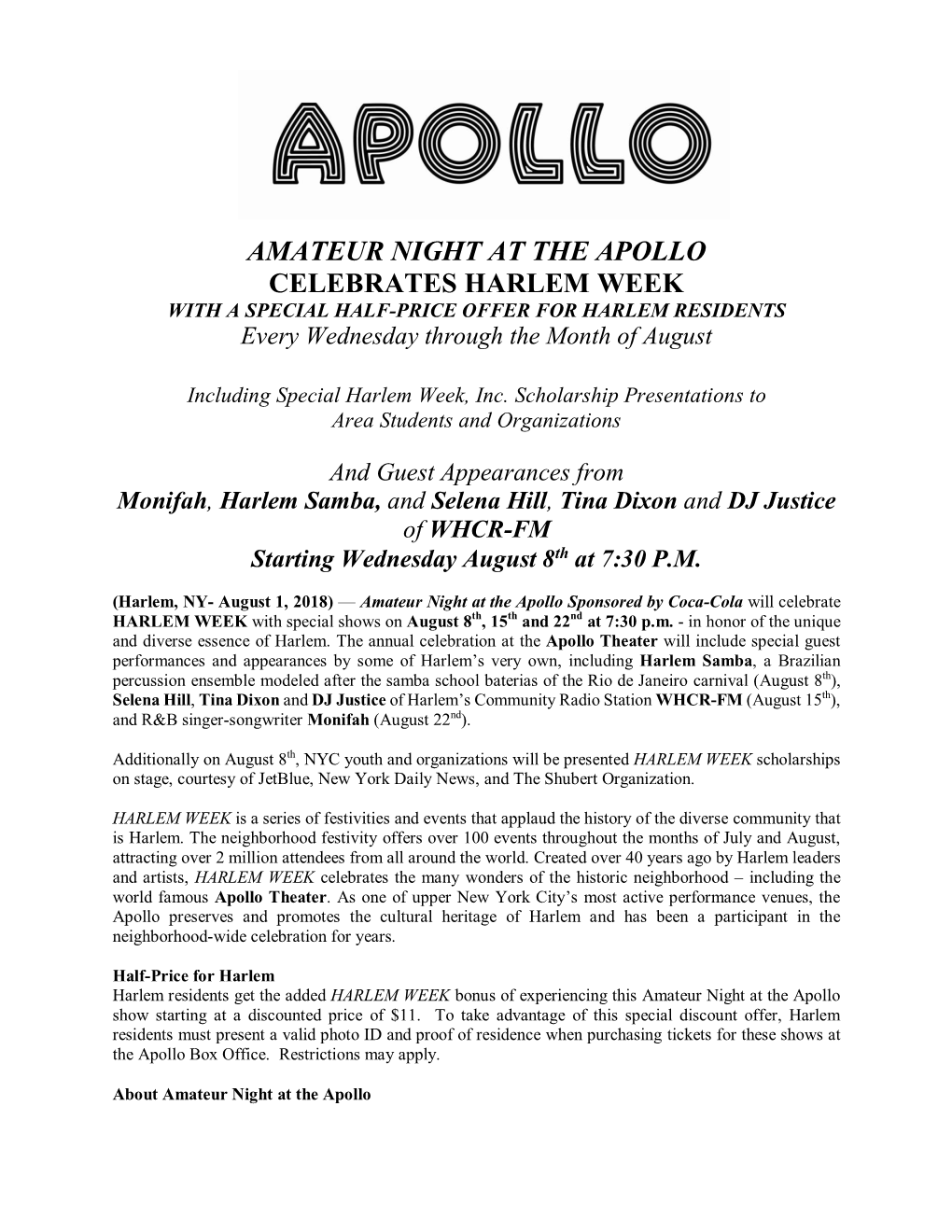 AMATEUR NIGHT at the APOLLO CELEBRATES HARLEM WEEK with a SPECIAL HALF-PRICE OFFER for HARLEM RESIDENTS Every Wednesday Through the Month of August