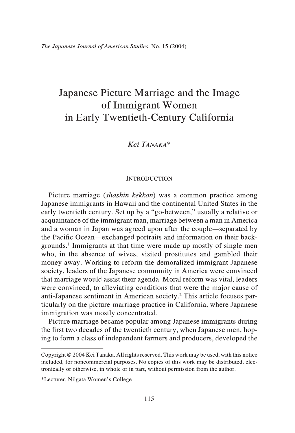 Japanese Picture Marriage and the Image of Immigrant Women in Early Twentieth-Century California