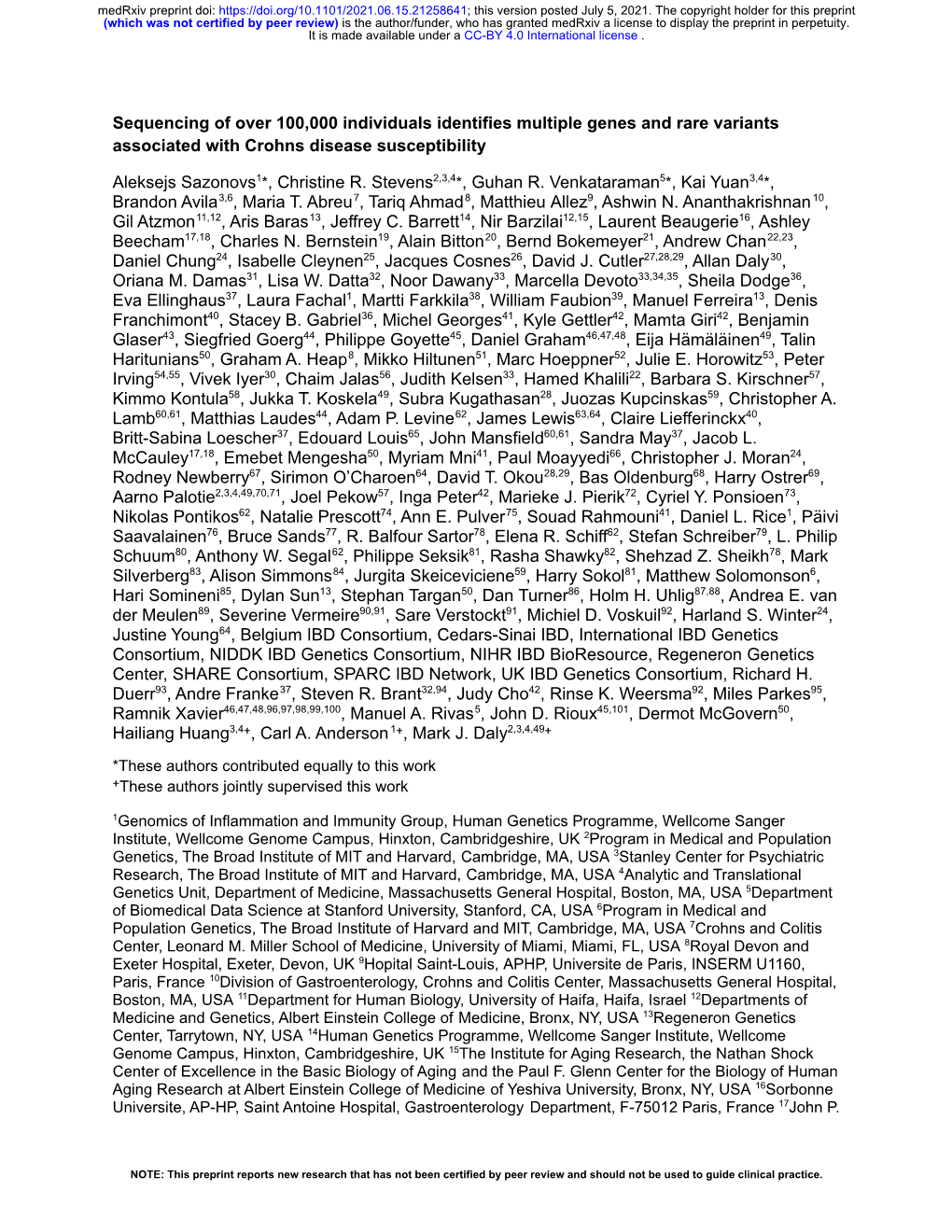 Sequencing of Over 100,000 Individuals Identifies Multiple Genes and Rare Variants Associated with Crohns Disease Susceptibility