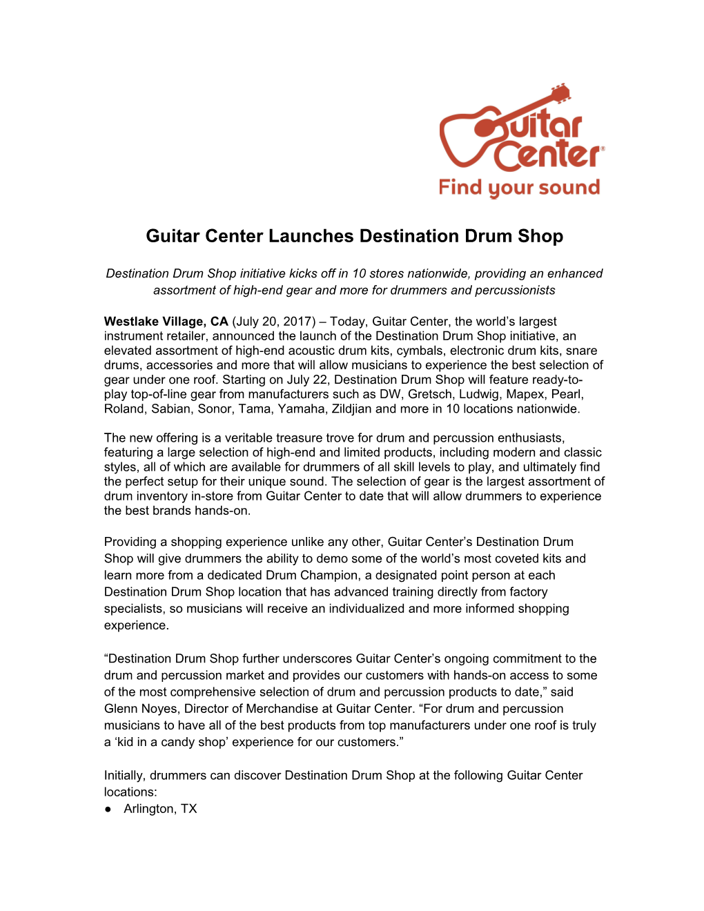 Guitar Center Launches Destination Drum Shop