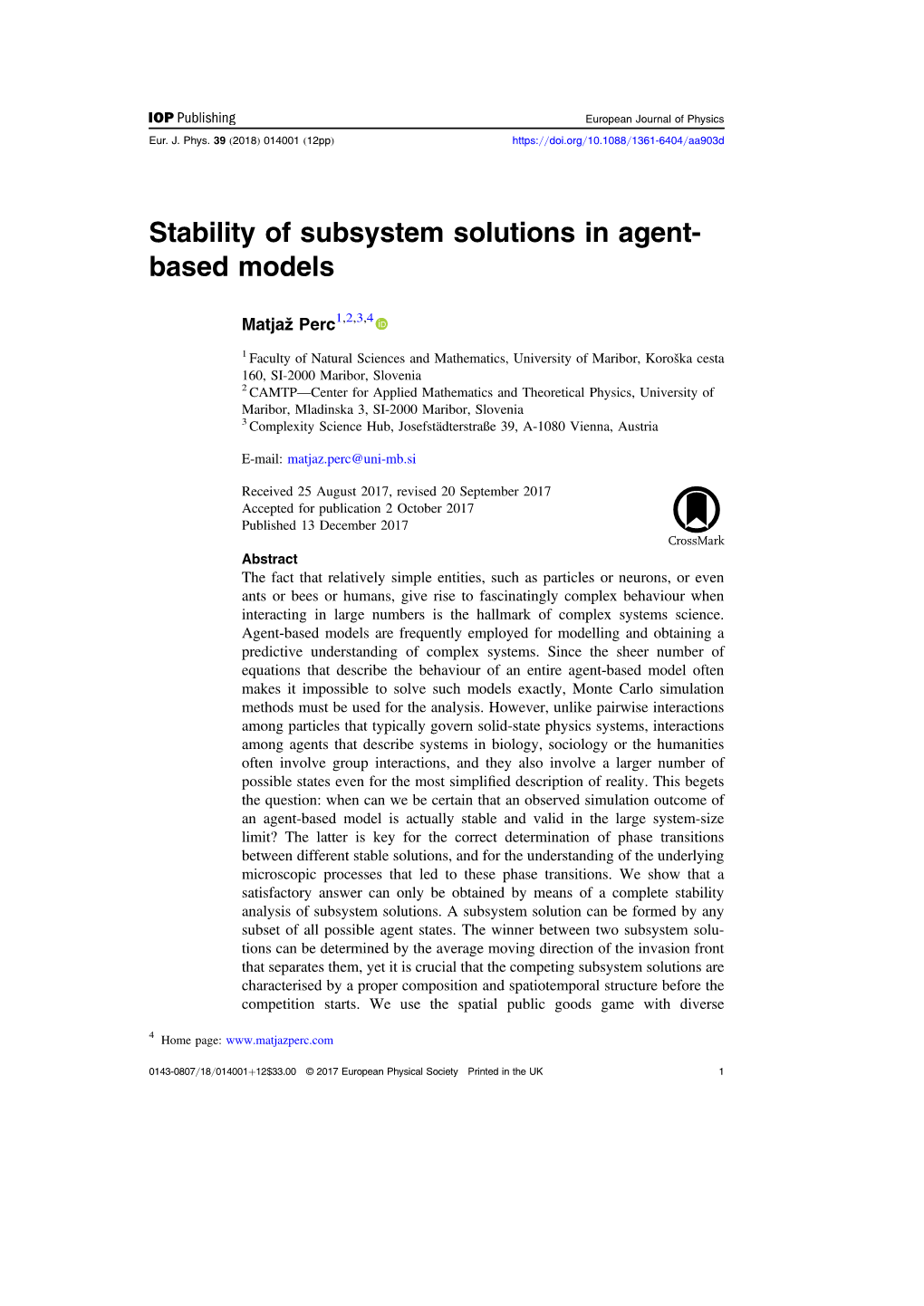 Stability of Subsystem Solutions in Agent- Based Models