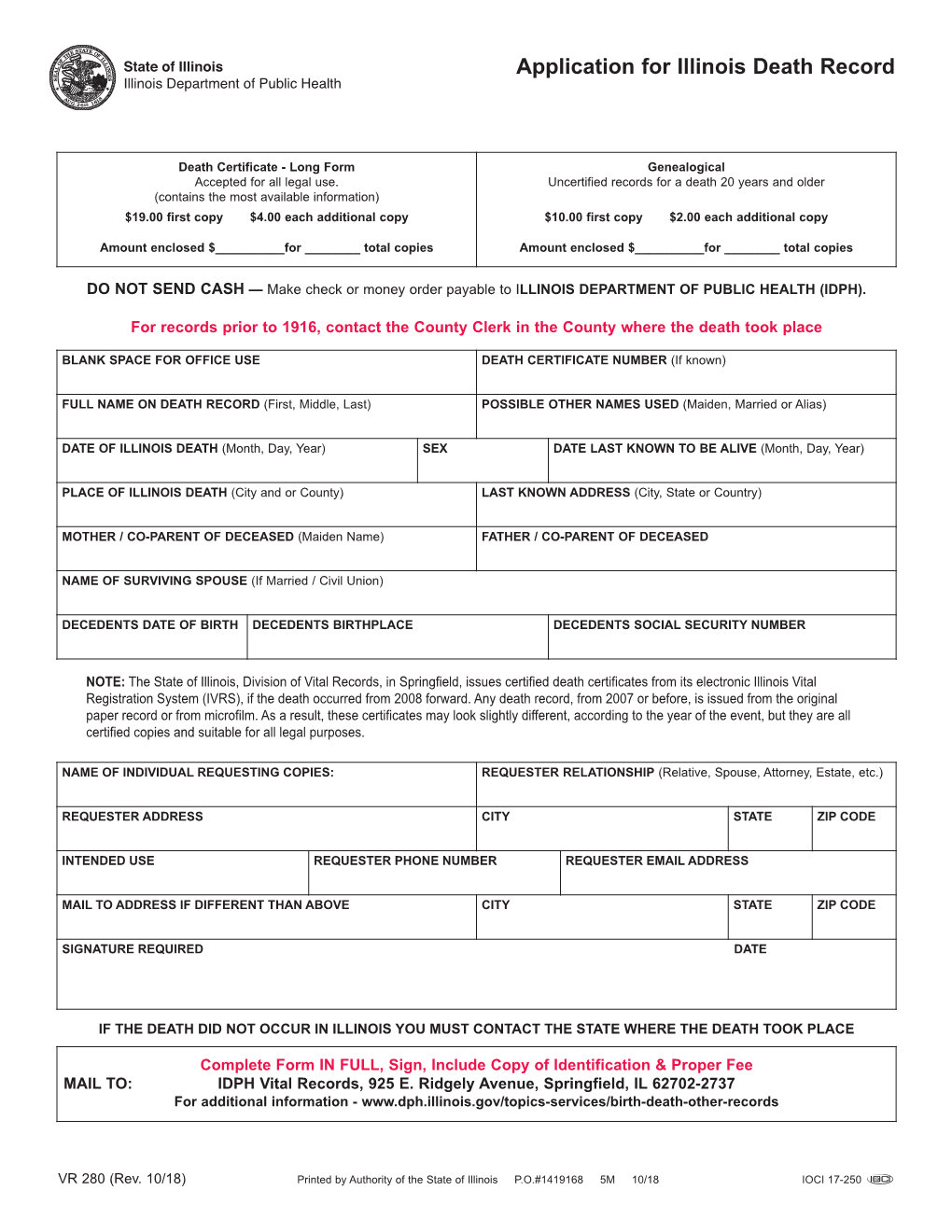 Application for Illinois Death Record