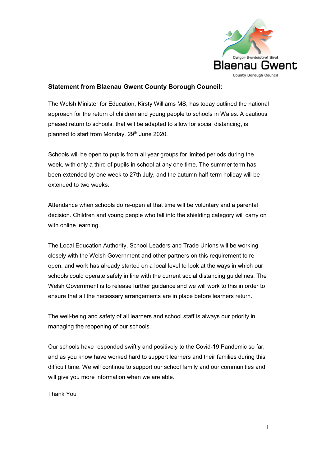 1 Statement from Blaenau Gwent County Borough Council