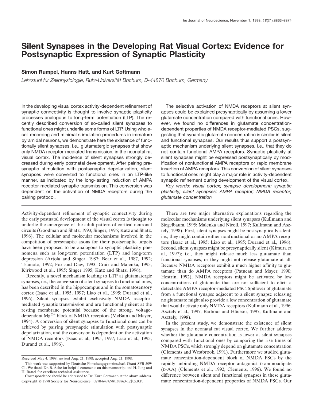 Silent Synapses in the Developing Rat Visual Cortex: Evidence for Postsynaptic Expression of Synaptic Plasticity