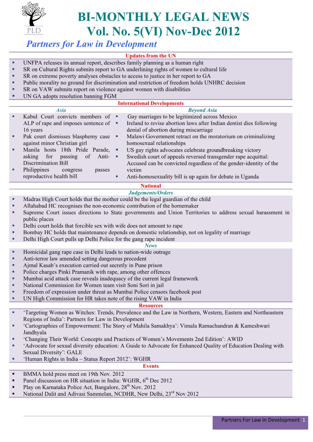 BI-MONTHLY LEGAL NEWS Vol. No. 5(VI) Nov-Dec 2012