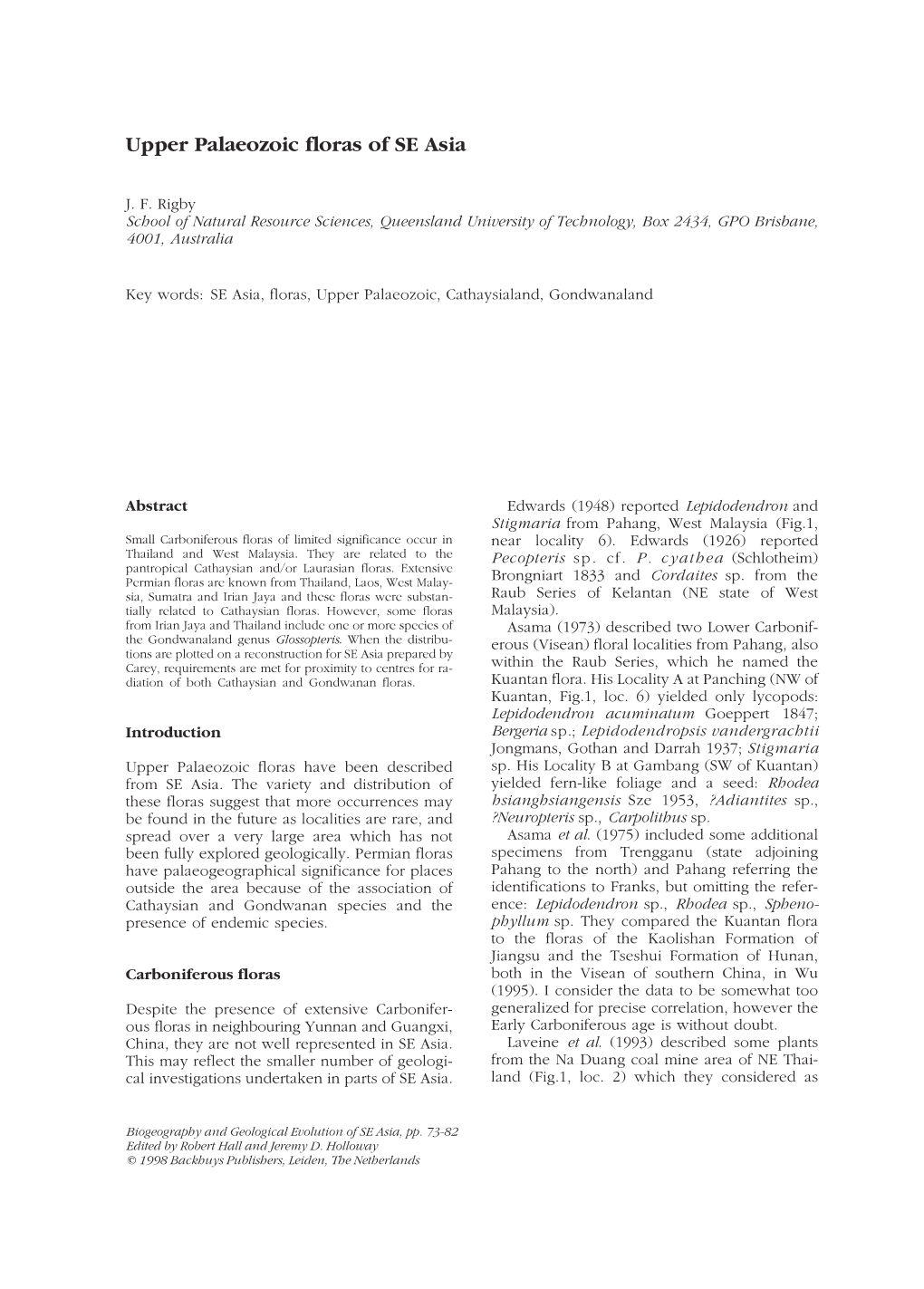 Upper Palaeozoic Floras of SE Asia 73 Upper Palaeozoic Floras of SE Asia