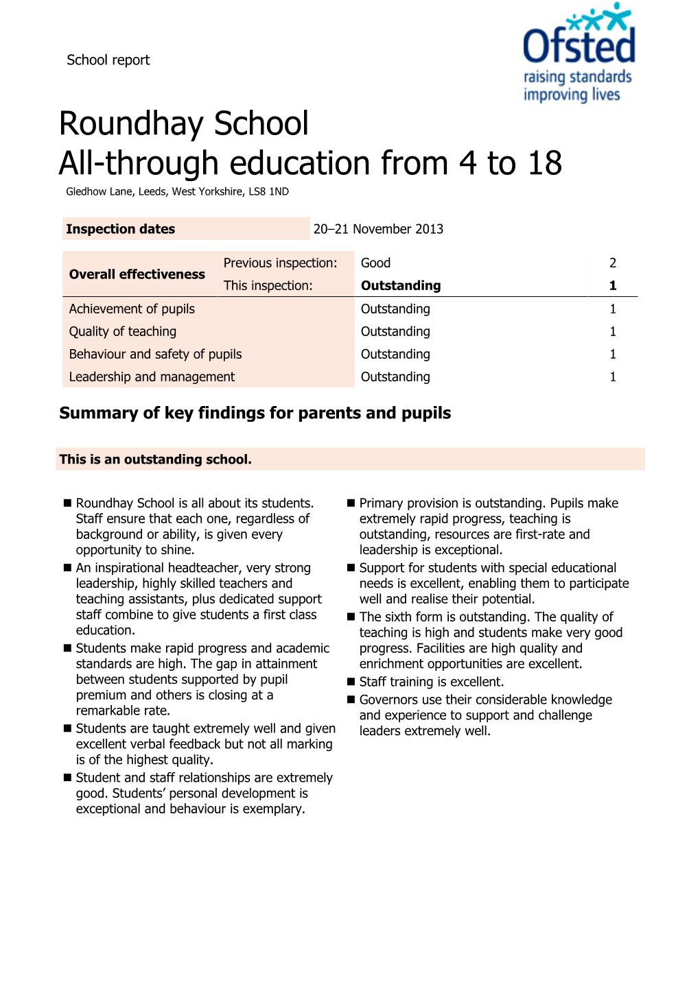 Roundhay School All-Through Education from 4 to 18 Gledhow Lane, Leeds, West Yorkshire, LS8 1ND