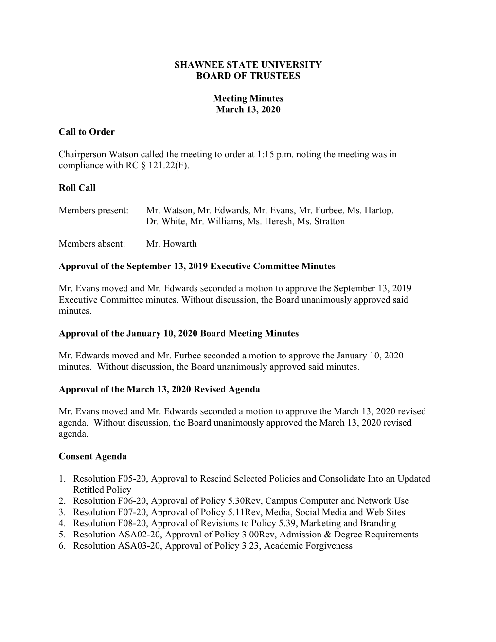 March 13, 2020 BOT Meeting Minutes