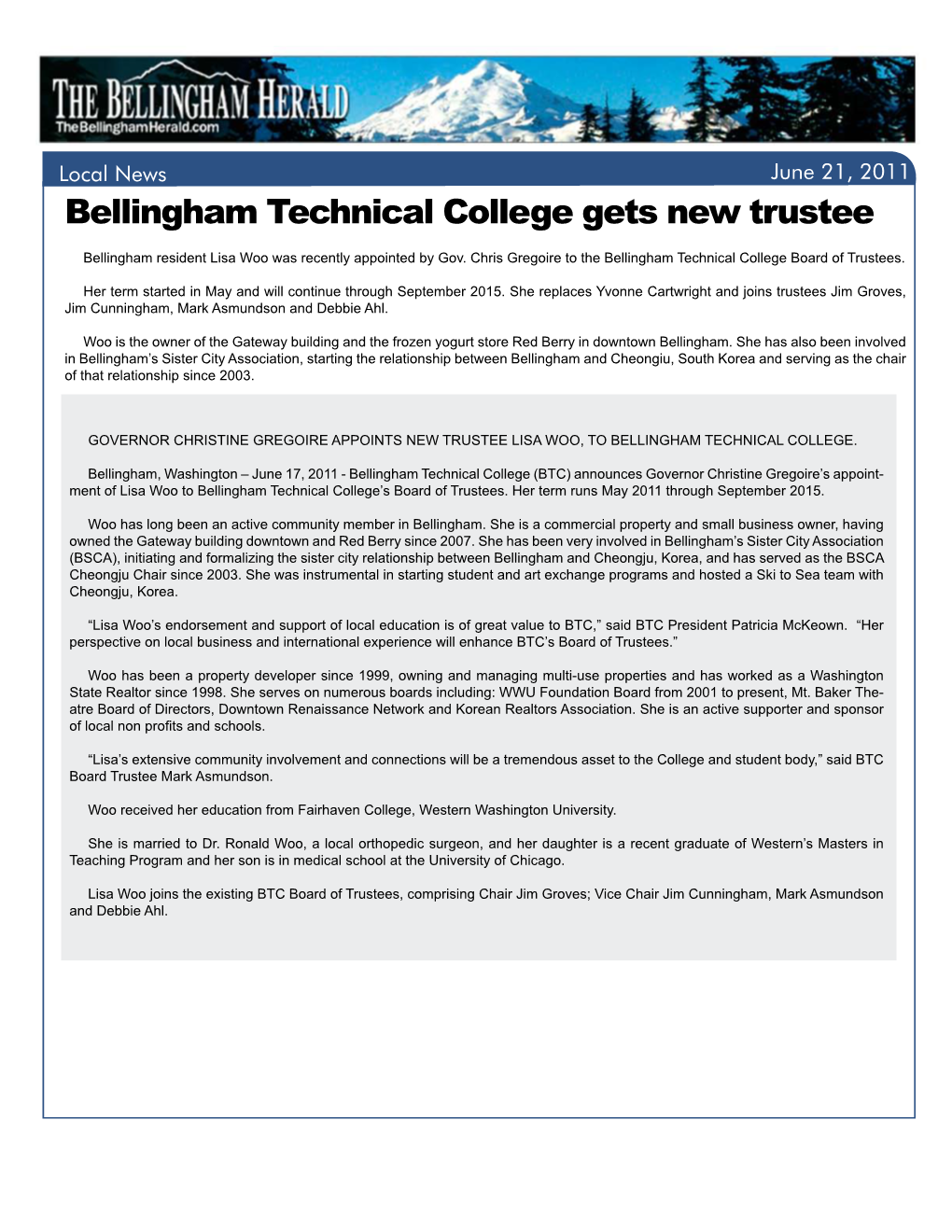 Bellingham Technical College Gets New Trustee
