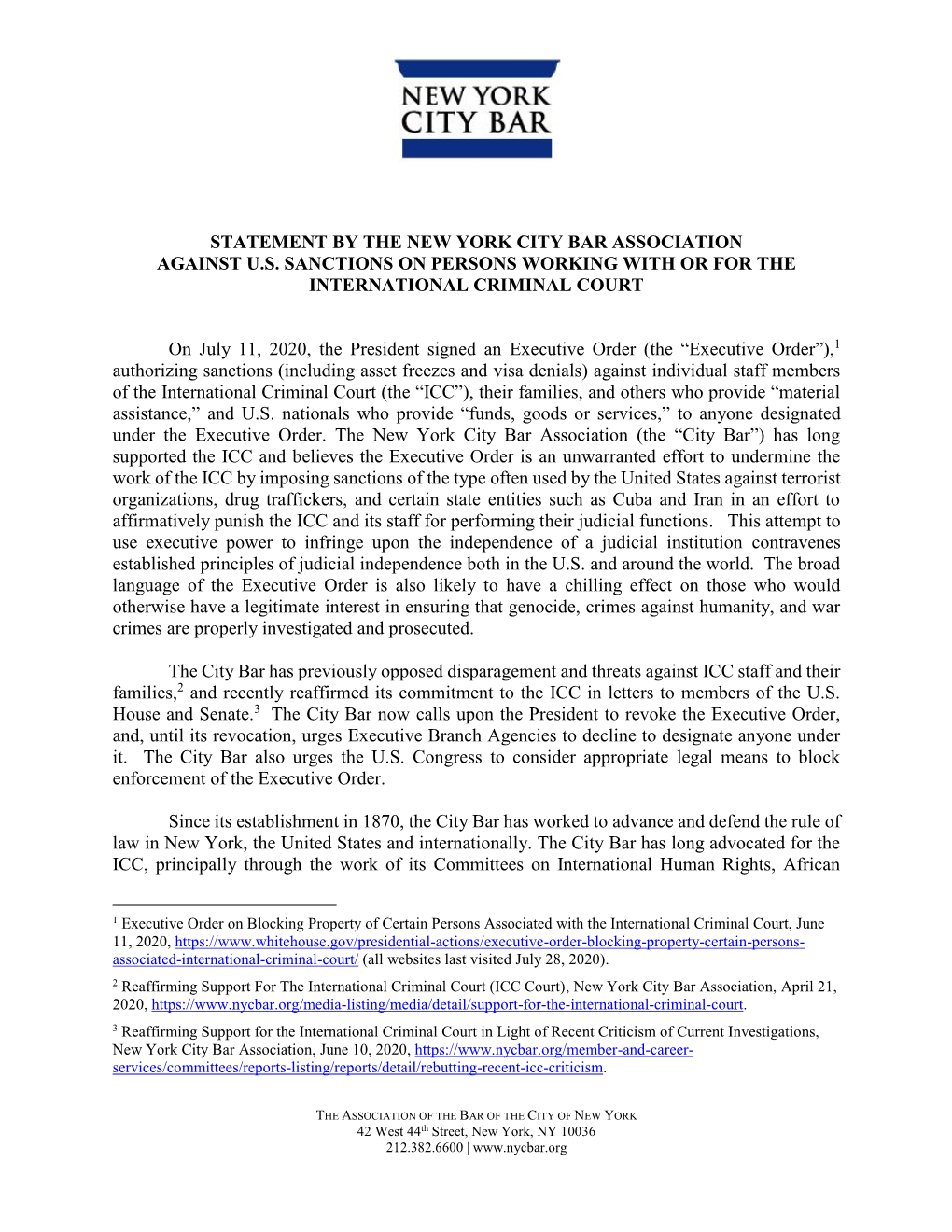 Statement by the New York City Bar Association Against U.S. Sanctions on Persons Working with Or for the International Criminal Court