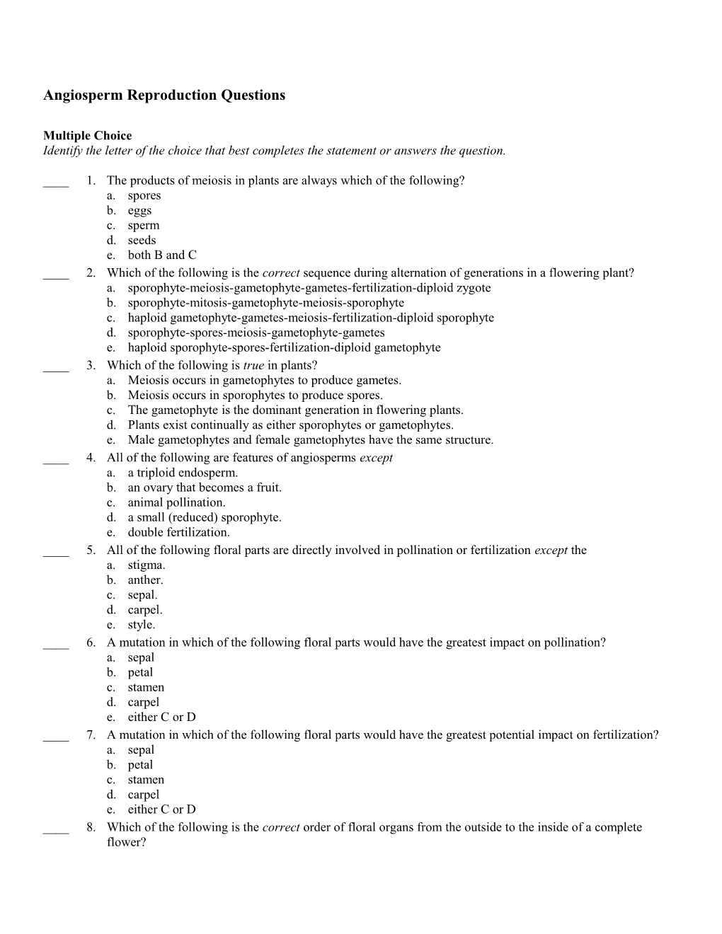 Angiosperm Reproduction Questions