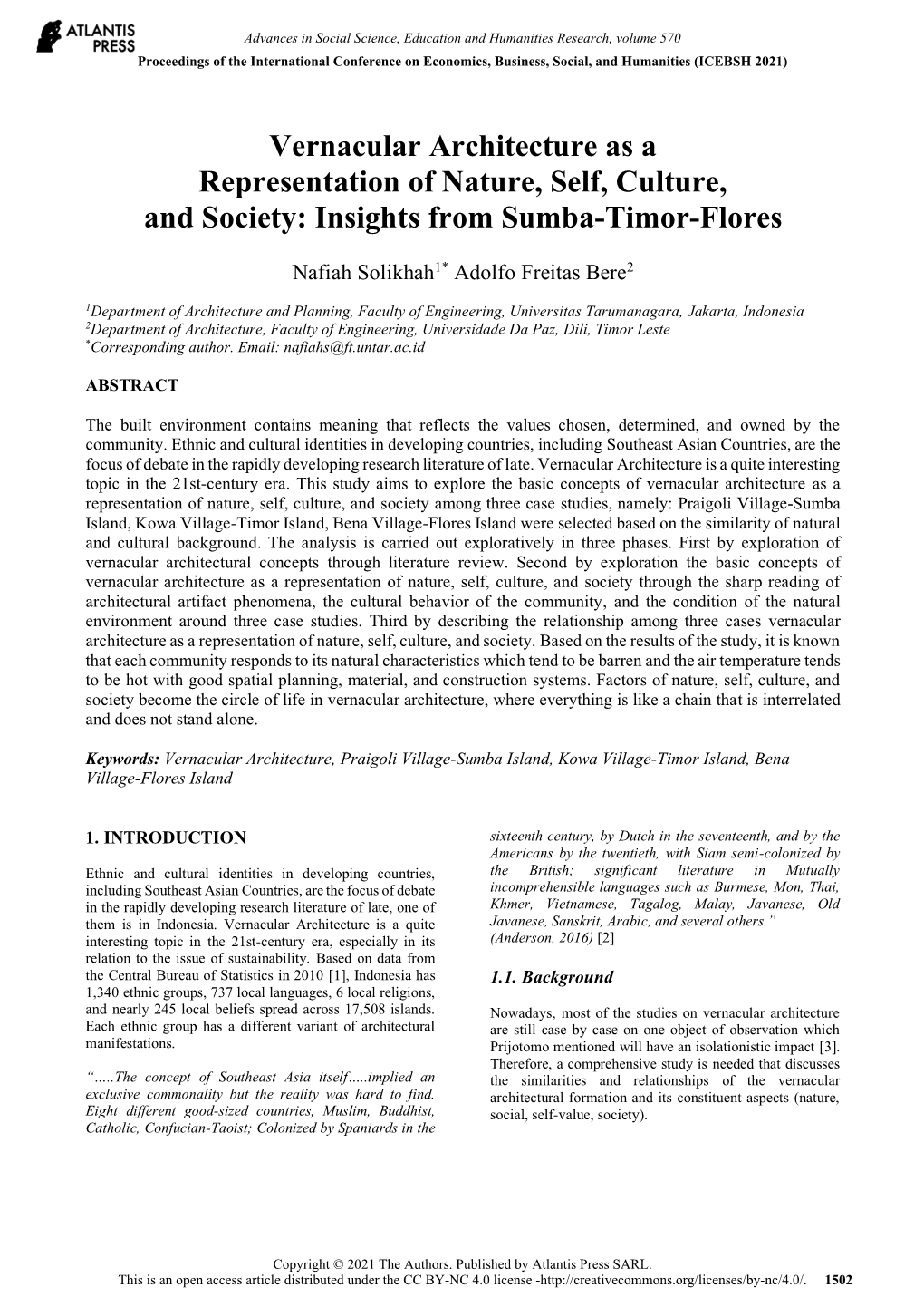 Vernacular Architecture As a Representation of Nature, Self, Culture, and Society: Insights from Sumba-Timor-Flores