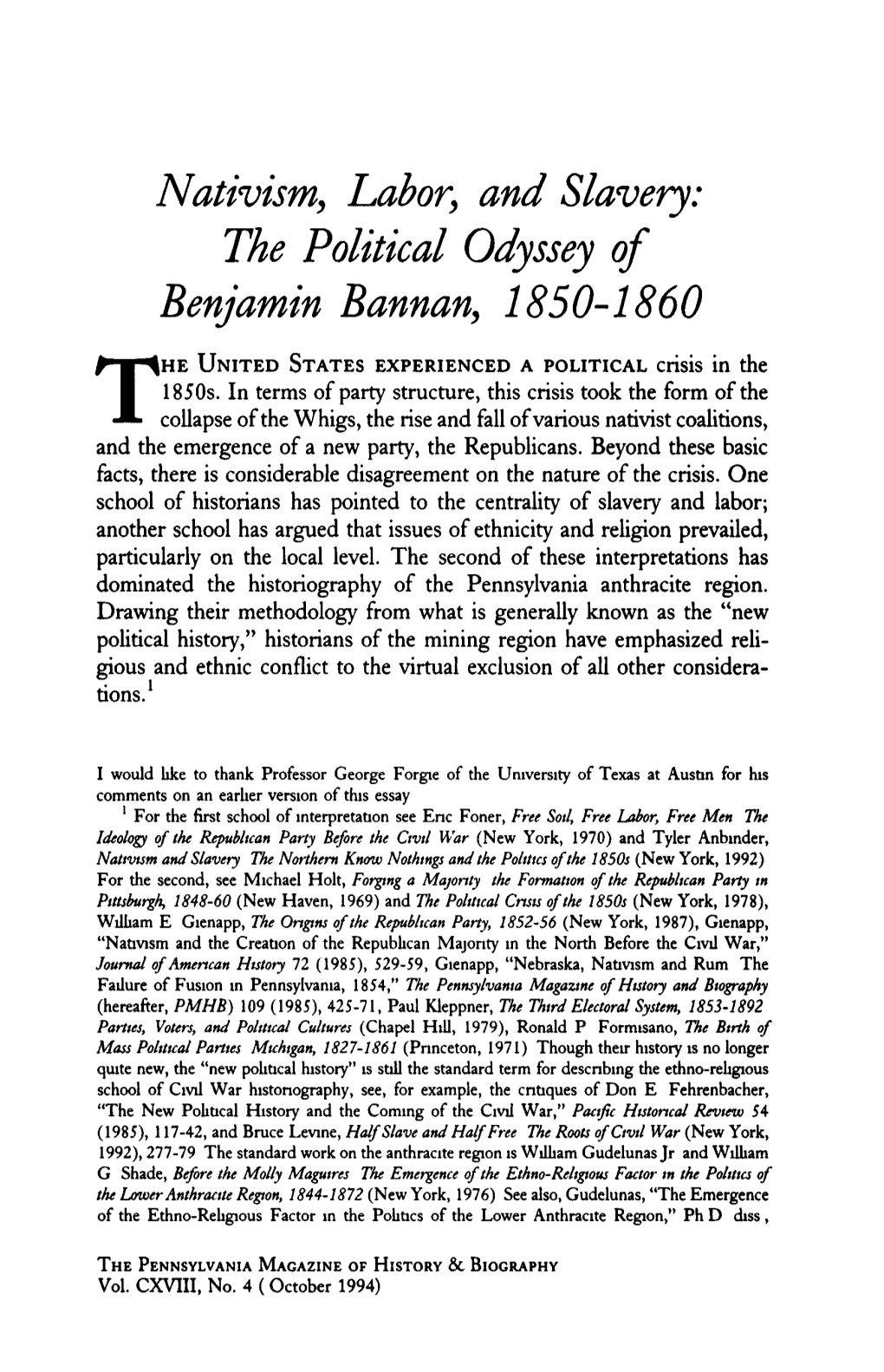 Nativism, Labor, and Slavery: the Political Odyssey of Benjamin Bannan, 1850-1860