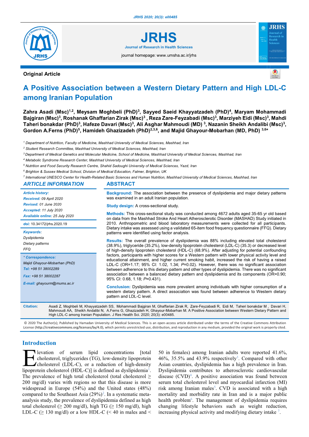 A Positive Association Between a Western Dietary Pattern and High LDL-C Among Iranian Population