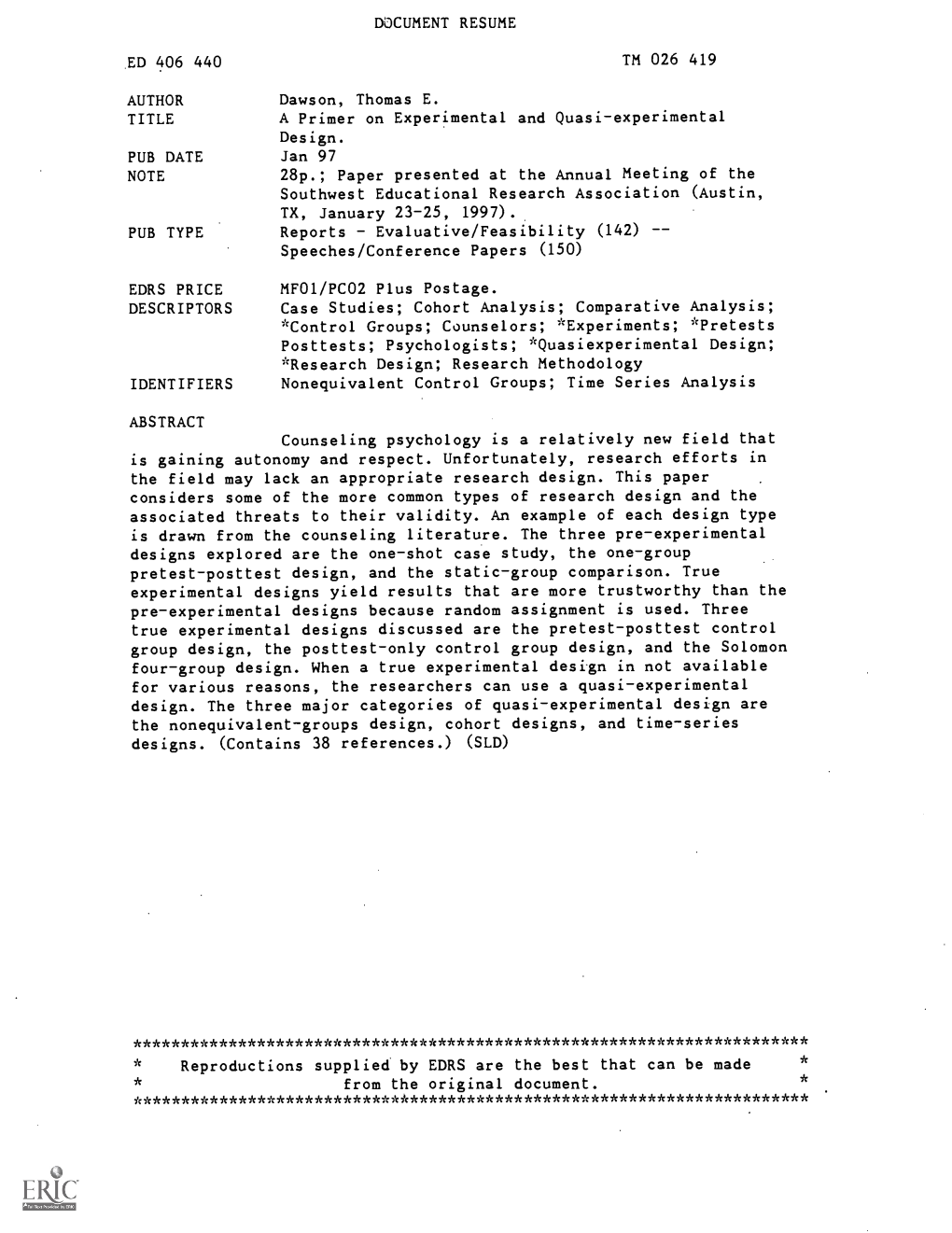 A Primer on Experimental and Quasi-Experimental Design