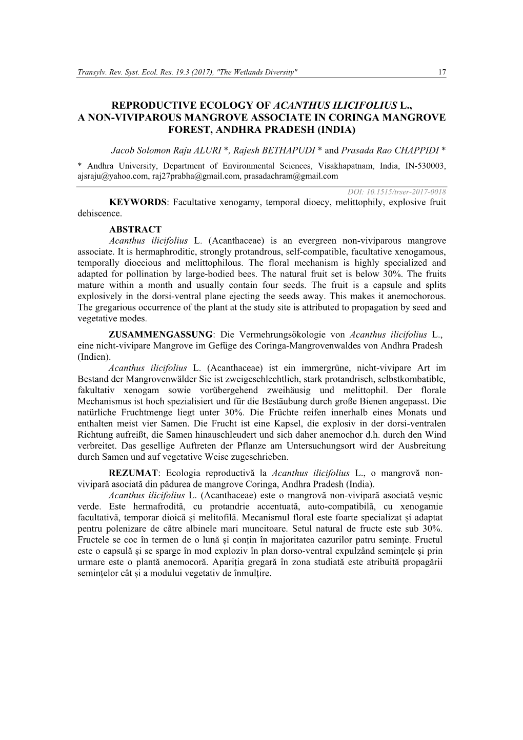 Reproductive Ecology of Acanthus Ilicifolius L., a Non-Viviparous Mangrove Associate in Coringa Mangrove Forest, Andhra Pradesh (India)