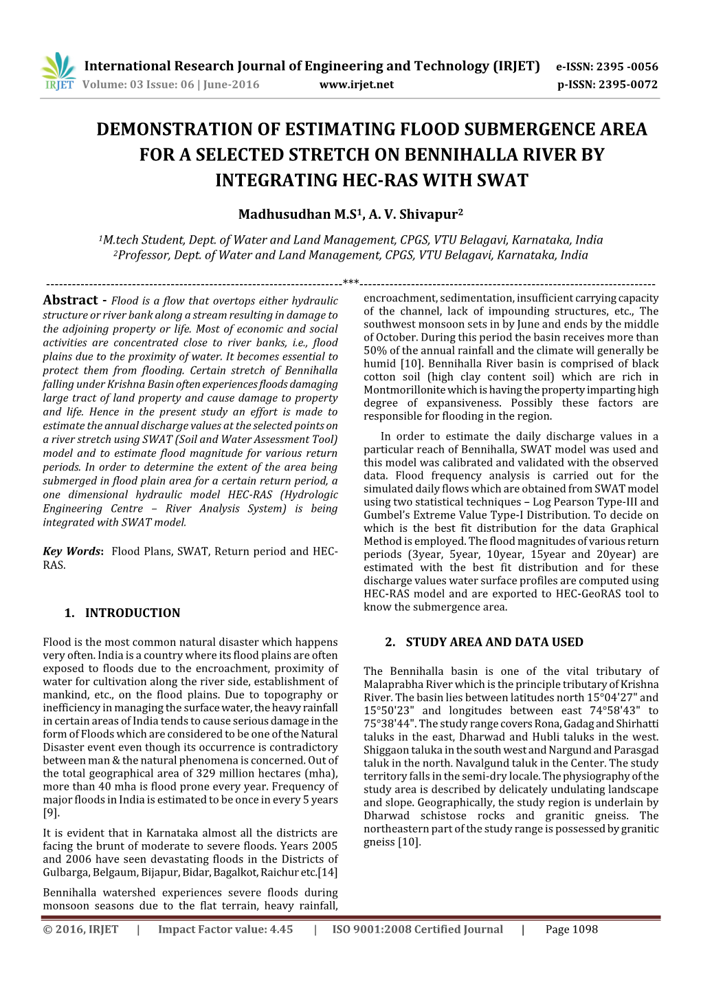 Demonstration of Estimating Flood Submergence Area for a Selected Stretch on Bennihalla River by Integrating Hec-Ras with Swat